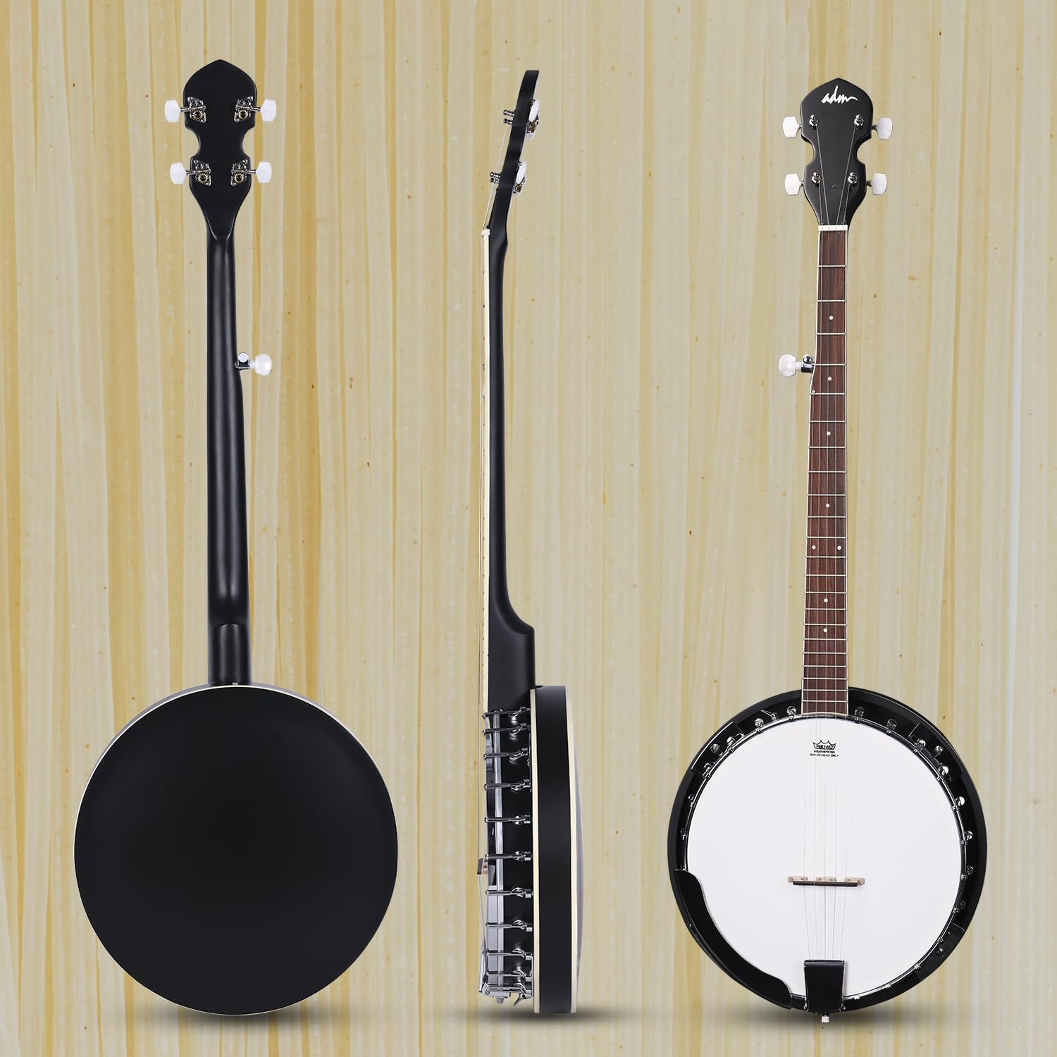 ADM 5-String Full Size Banjo Kit - 38 Inch Beginner Banjo with Resonator, Remo Drum Head (Open/Closed Back) | Free Lessons & Starter Accessories | Ideal for Adults & Teenagers | Perfect for Bluegrass, Folk Music & Beginners | Black