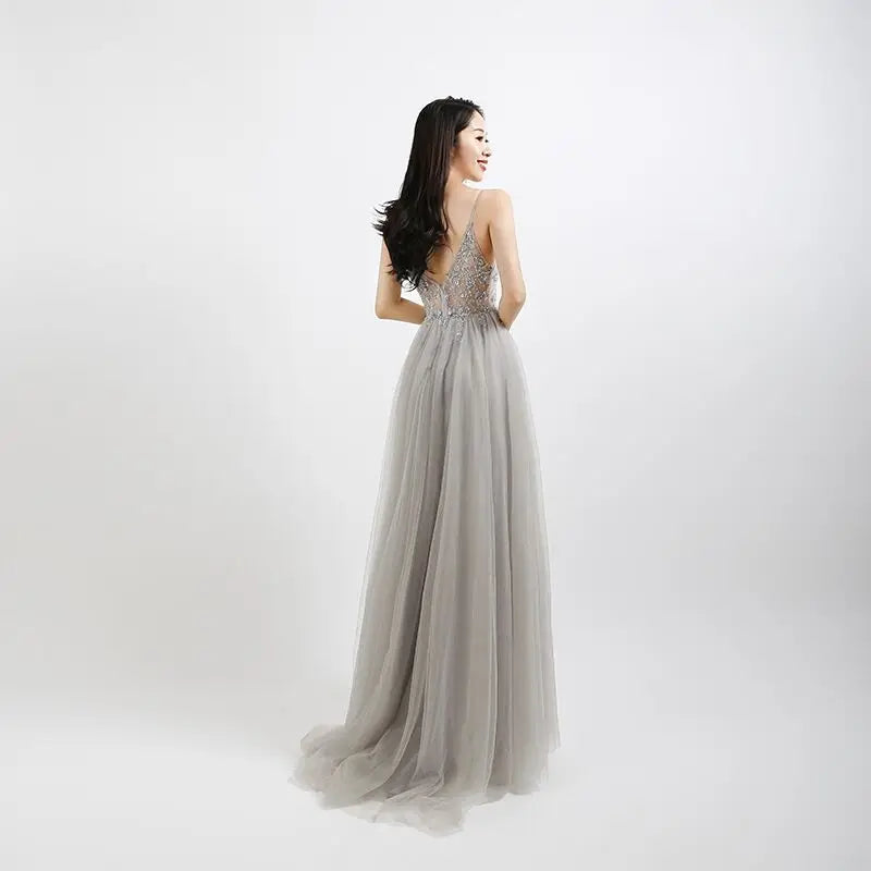 Sparkling Beaded Crystal Prom Dresses for Women - Elegant Long See-Through A-Line Gown with V-Neck & Spaghetti Straps | Perfect for Formal Evening, Homecoming, Wedding & Special Occasions