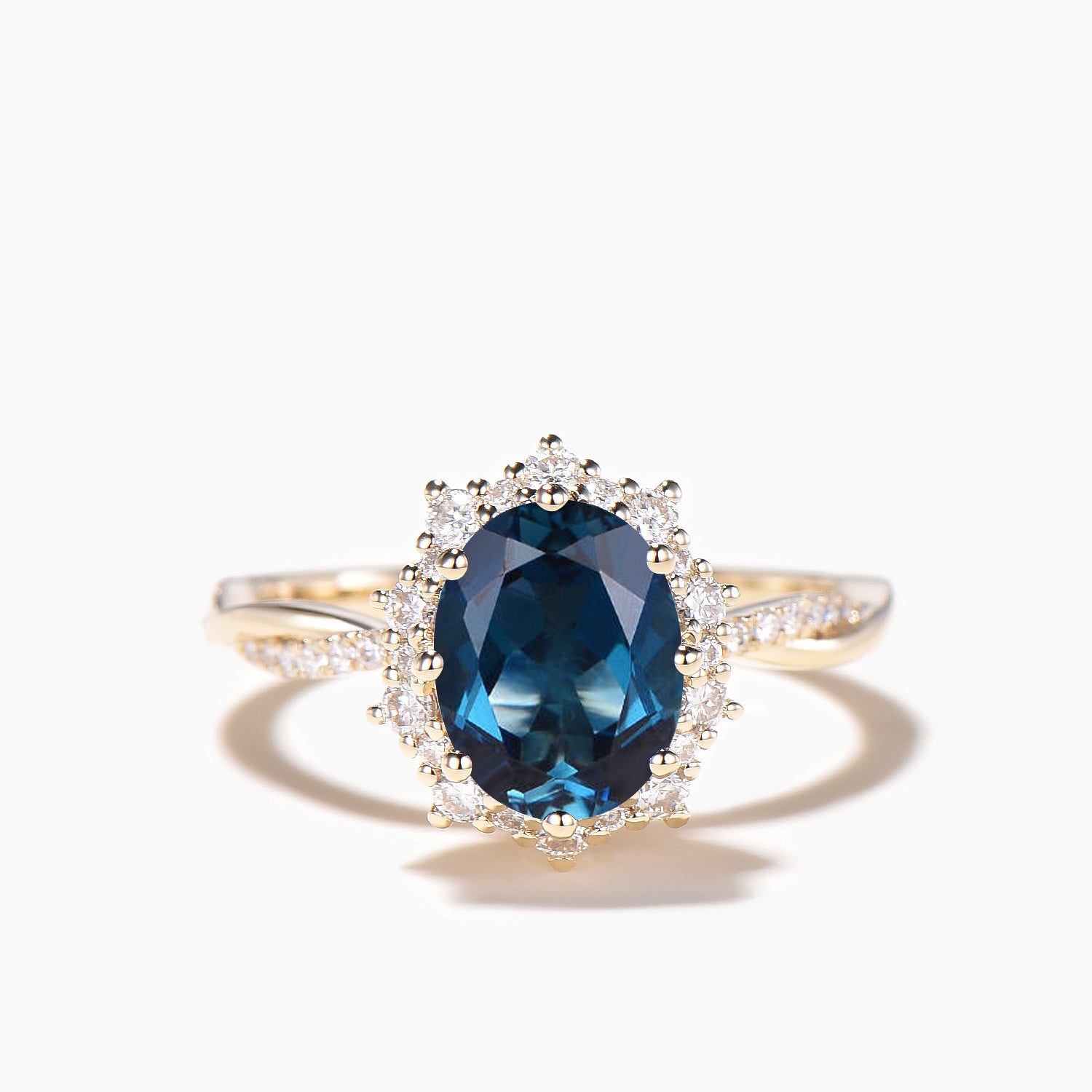 Oval Cut Natural London Blue Topaz Wedding Ring with Diamond Halo & Twisted Band – Perfect for Engagement, Anniversary, and Bridal Jewelry Gifts