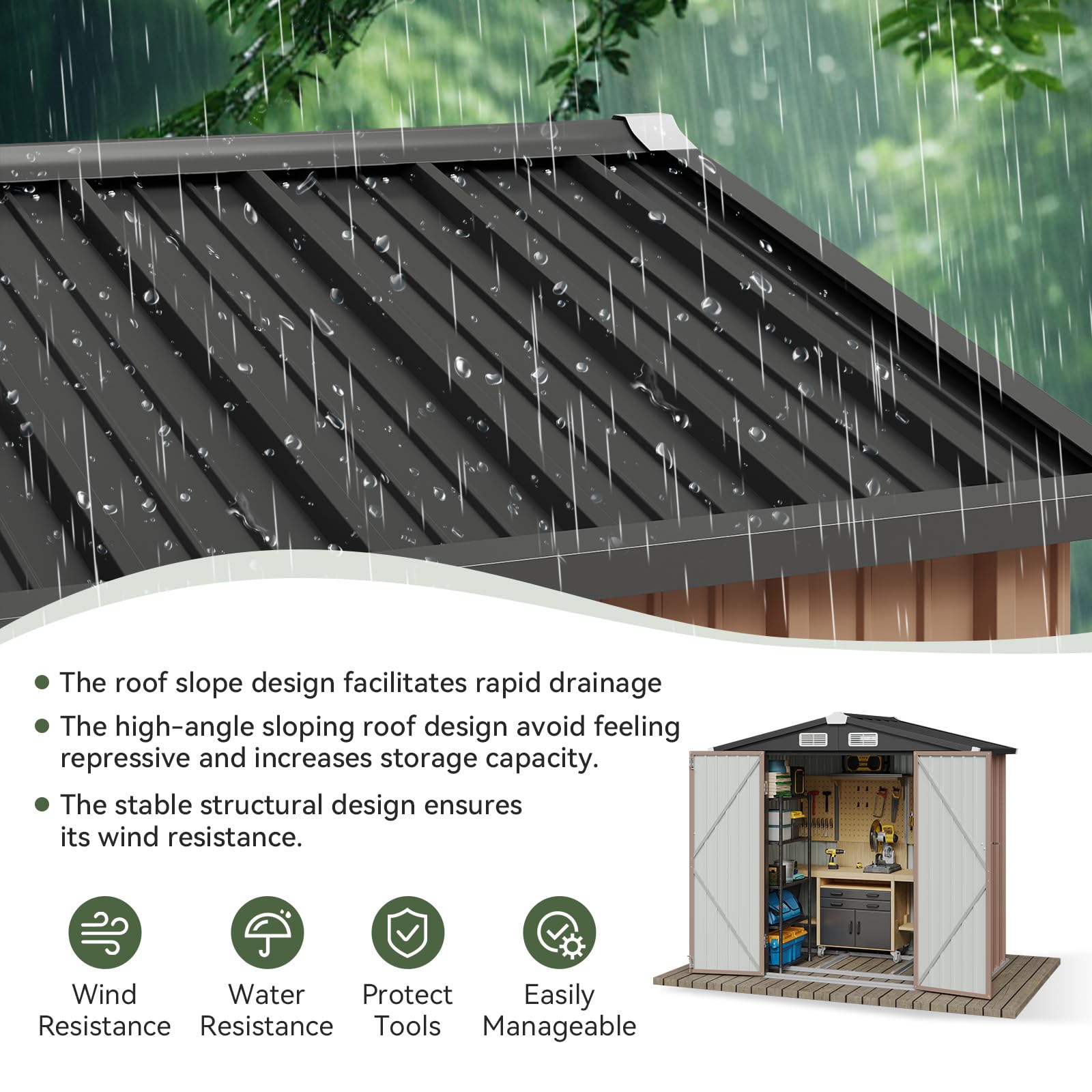 Aoxun 6x3.9 FT Outdoor Storage Shed with Metal Base - Lockable Garden Shed for Tools, Bikes & Backyard Storage | Durable Brown Weather-Resistant Shed for Patio, Poolside & Yard Organization