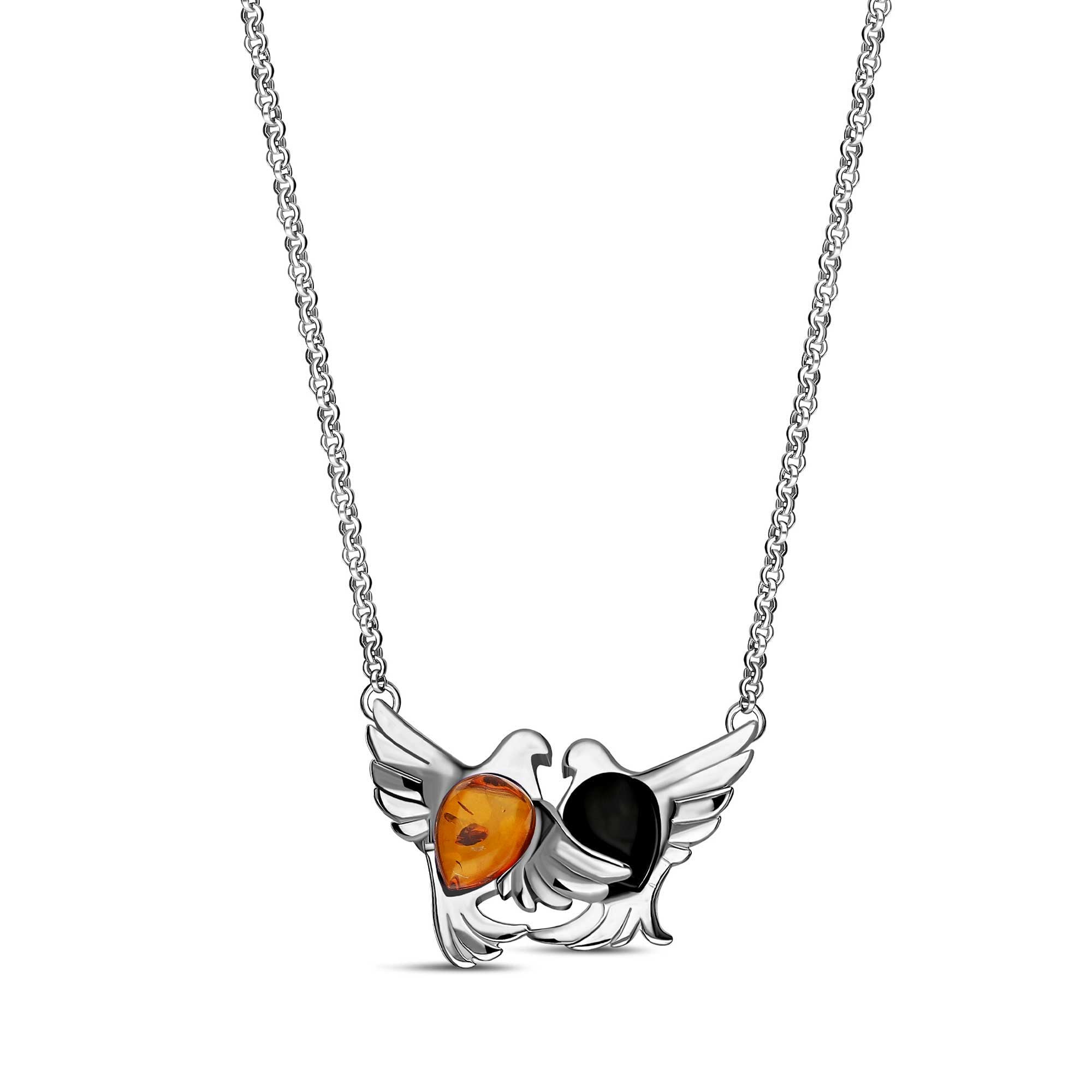 Sterling Silver Whitby Jet & Amber Entwined Dove Pendant Necklace - Elegant Jewelry Gift for Women, Perfect for Weddings, Anniversaries & Special Occasions