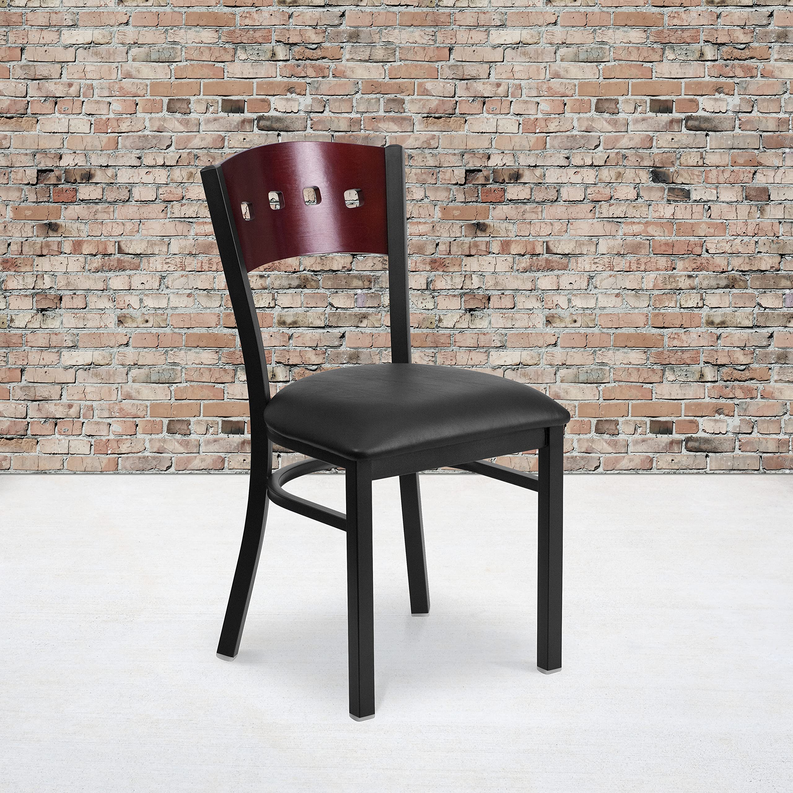 EMMA + OLIVER Black 4 Square Back Metal Dining Chair with Mahogany Back & Black Seat - Modern Kitchen & Dining Room Furniture for Home & Restaurant Use