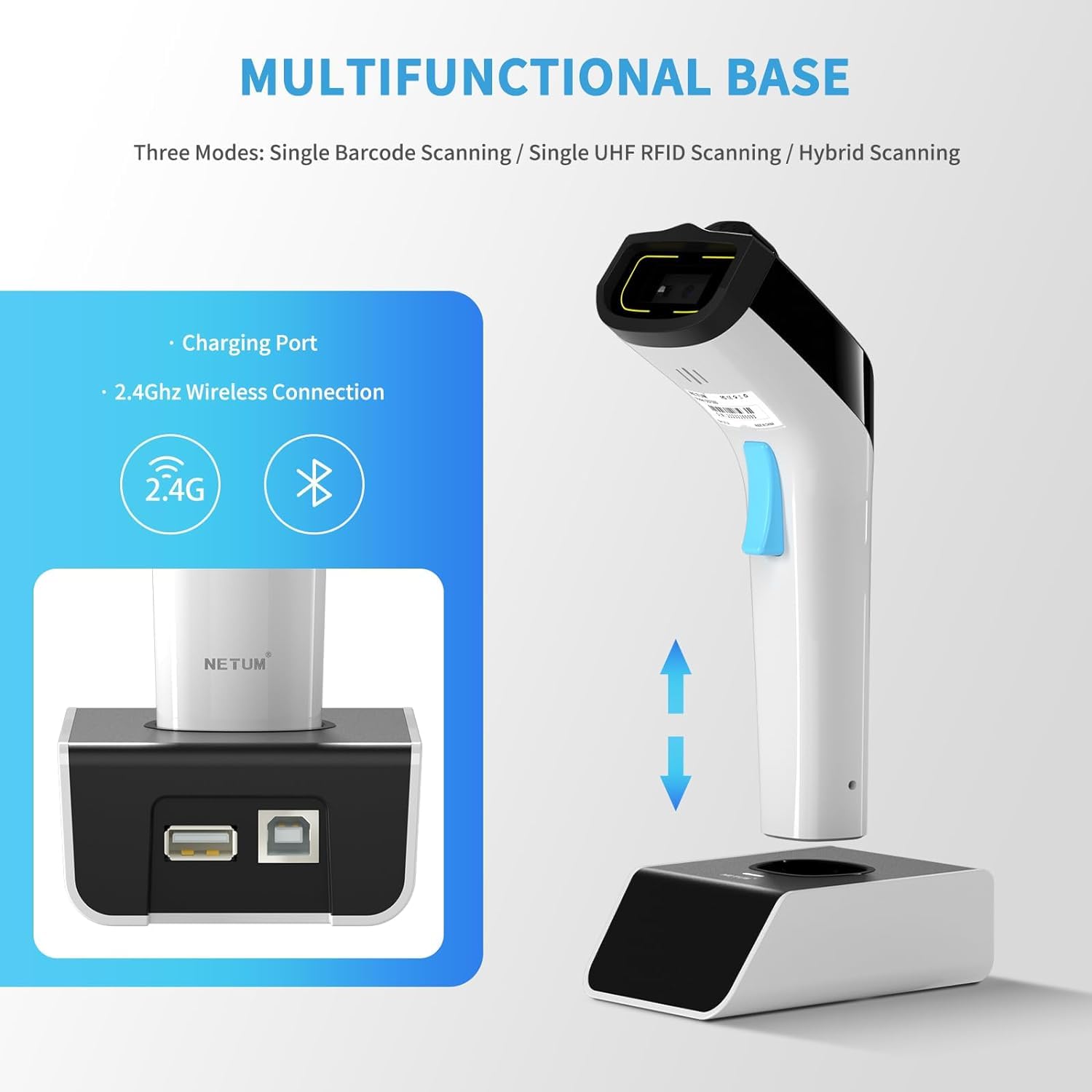 NETUM DS-8500 Wireless Hybrid RFID & 2D Barcode Scanner - Bluetooth UHF RFID Reader with 1D/2D QR Code Scanning for Retail, Warehouse & Hospitality Systems - Perfect for Inventory Management and POS Checkout