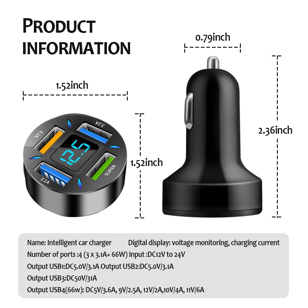 Turcee 66W Fast Car Charger with Voltmeter - 4-Port USB Car Charger Adapter for iPhone, Samsung, Android - Quick Charge for Road Trips, Commuting & Travel Accessories