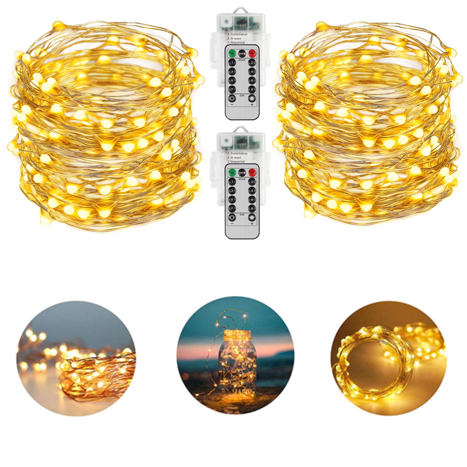 AllezDuck 66Ft 200LED Battery Operated Fairy Lights - Waterproof Silver Wire String Lights with Remote & 8 Lighting Modes for Christmas, Wedding, Party, Home Decor (Warm White) - Perfect for Indoor/Outdoor Use in Bedrooms, Gardens, and Special Events