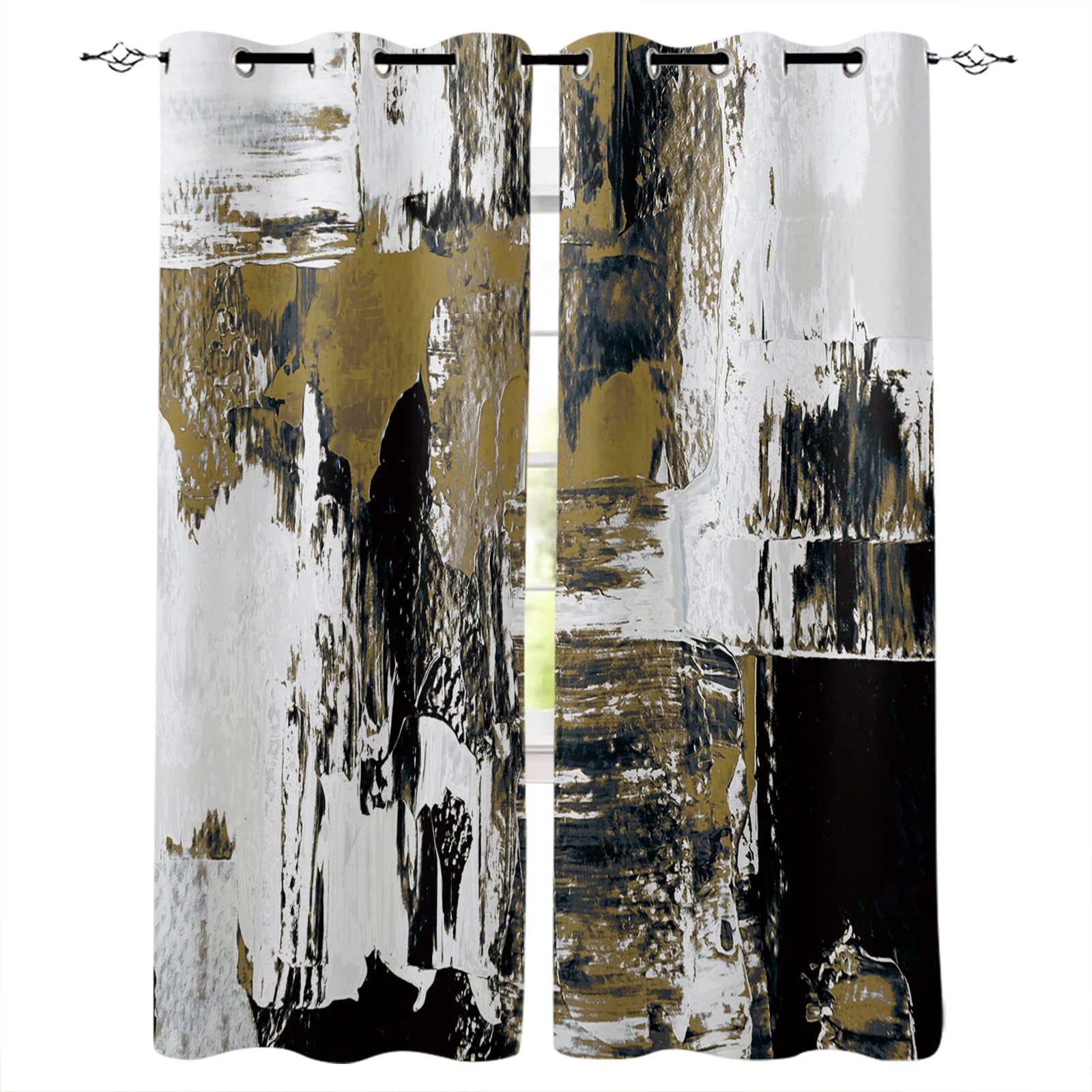Abstract Green Brown Brush Stroke Textured Blackout Curtains - Thermal Insulated Room Darkening Window Drapes for Living Room & Bedroom (2 Panels, 52x90 Inches) - Perfect for Modern Home Decor, Sun Protection & Energy Saving
