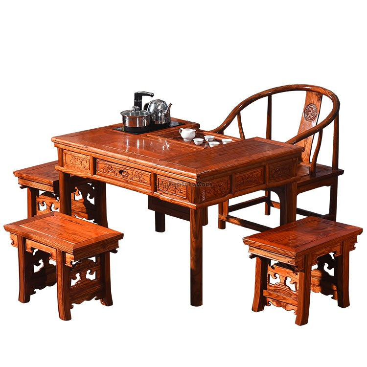 Handcrafted Chinese Vintage Gong Fu Tea Table Set with Matching Stools - Traditional Tea Ceremony Furniture for Home & Zen Decor