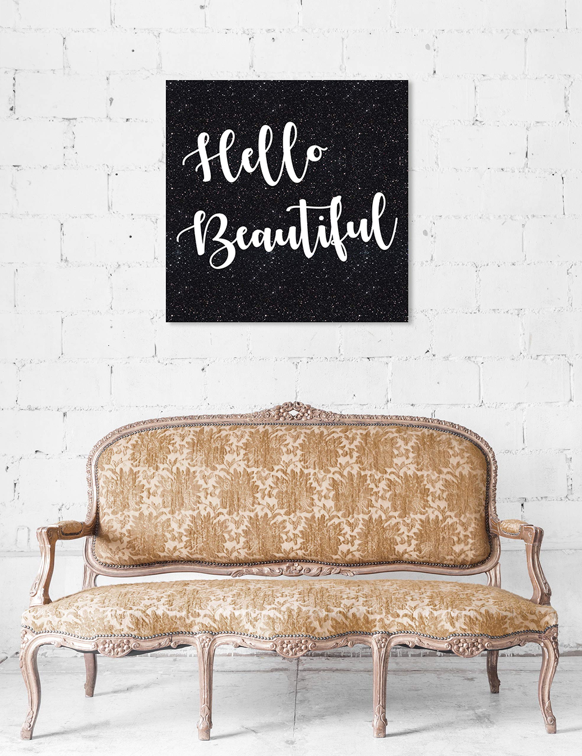 Oliver Gal Artist Co. 'Hello Beautiful Glitter' Typography Wall Art - 30x30 Inch White & Black Canvas Print for Living Room, Bedroom, Office Decor - Inspirational Quote Home Decor Gift