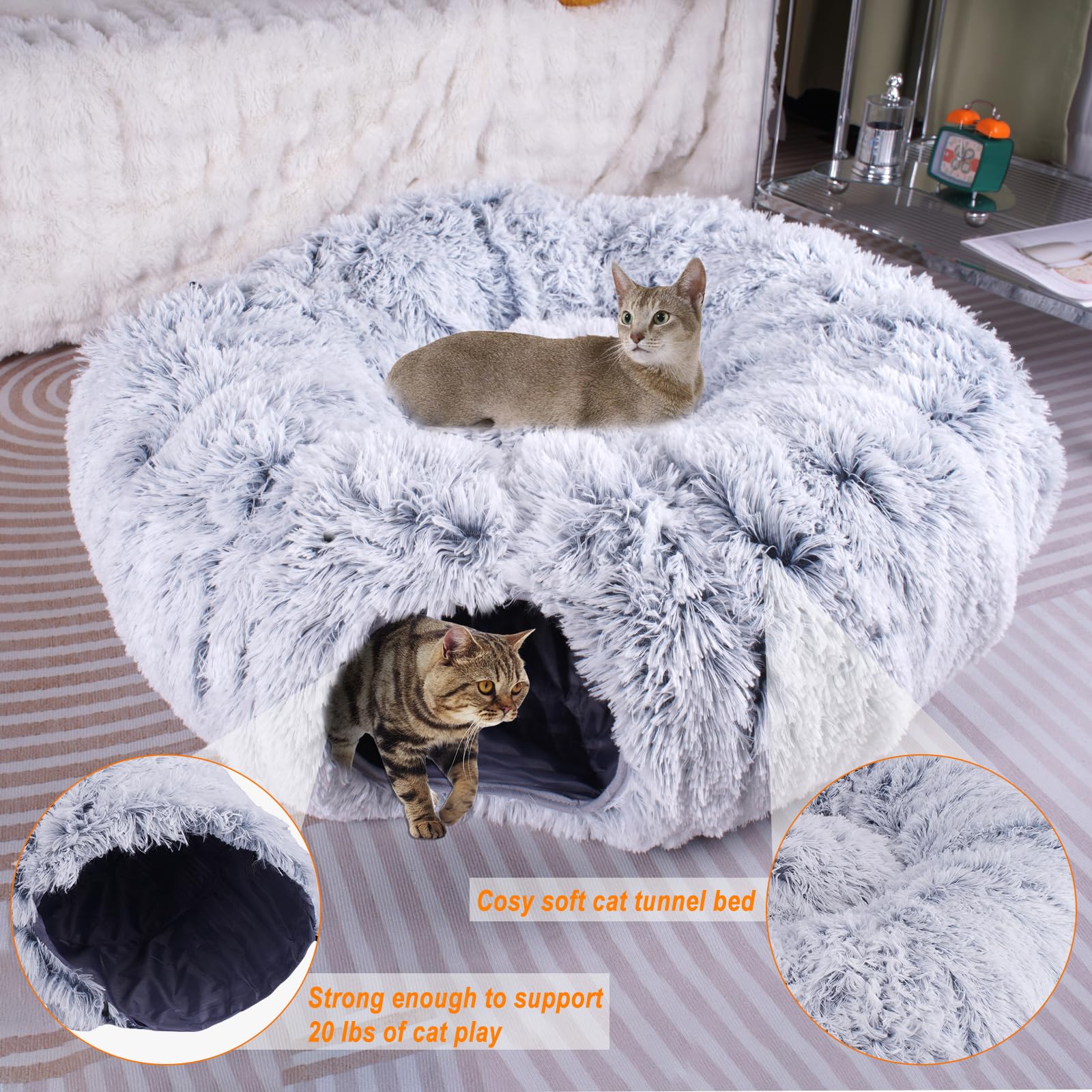 Washable Plush Cat Tunnel Bed for Indoor Cats - Large Donut Tunnel with Peekaboo Cave & Cushion | 3-in-1 Cat Toy, Bed & Play Tunnel for Cats & Rabbits (Gray) - Perfect for Playtime, Napping & Hide-and-Seek