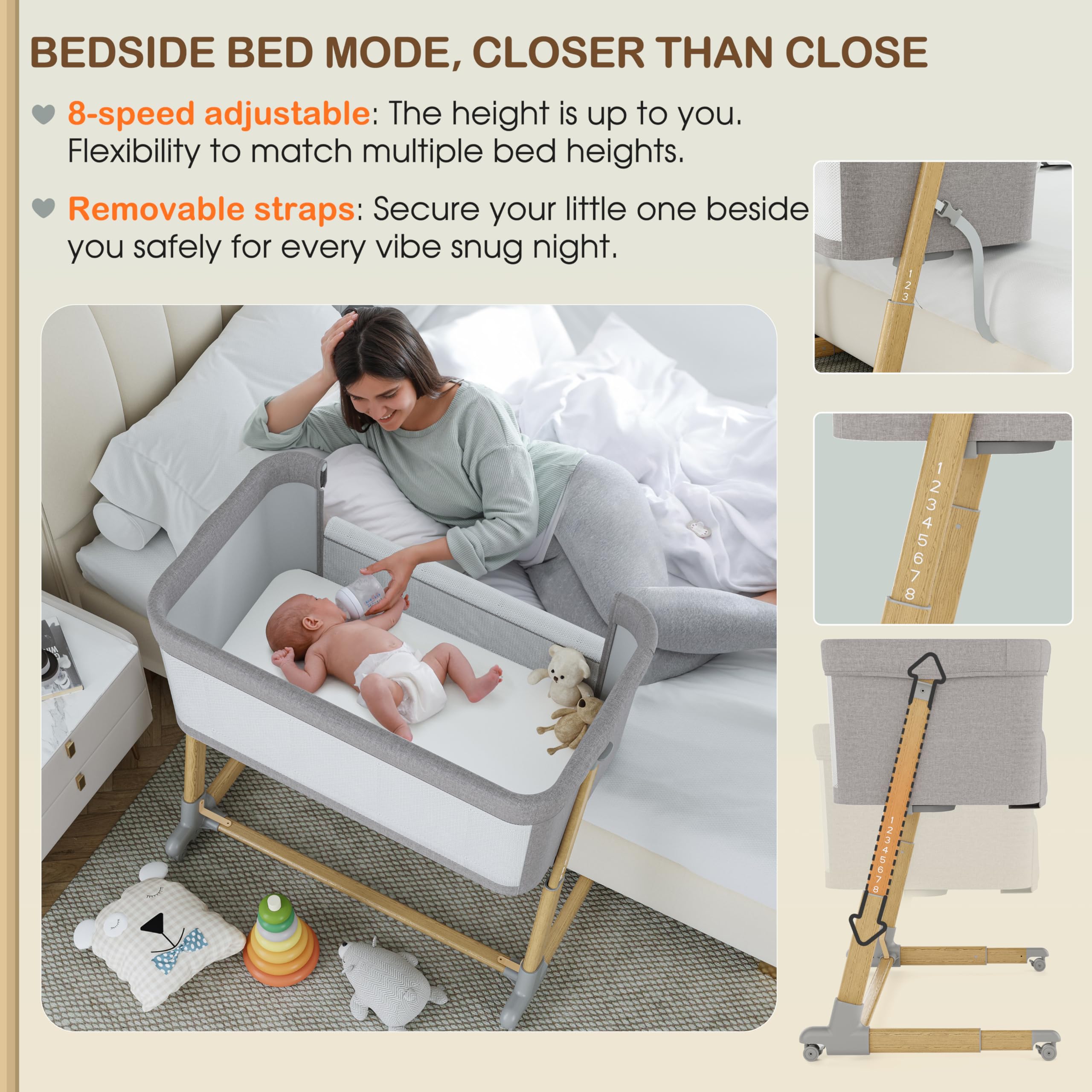 AMKE Baby Bassinets - Breathable Mesh Bedside Sleeper for Newborns & Infants | Portable, Adjustable Crib for Safe Co-Sleeping | Nursery & Bedroom Essential (Wood Grain Gray) | Perfect for Nighttime Feeding & Soothing Baby