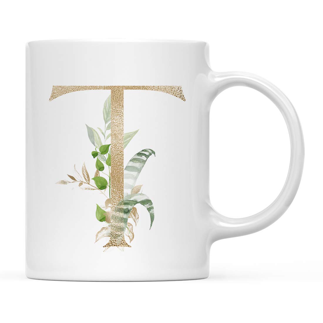 Andaz Press 11oz Ceramic Coffee Mug with Gold Monogram Letter T & Tropical Green Palm Leaves - Perfect for Tea, Coffee, Birthday Gifts, Bridesmaid Favors, Bridal Party & Christmas Presents - Ideal for Home, Office, or Gift-Giving Occasions