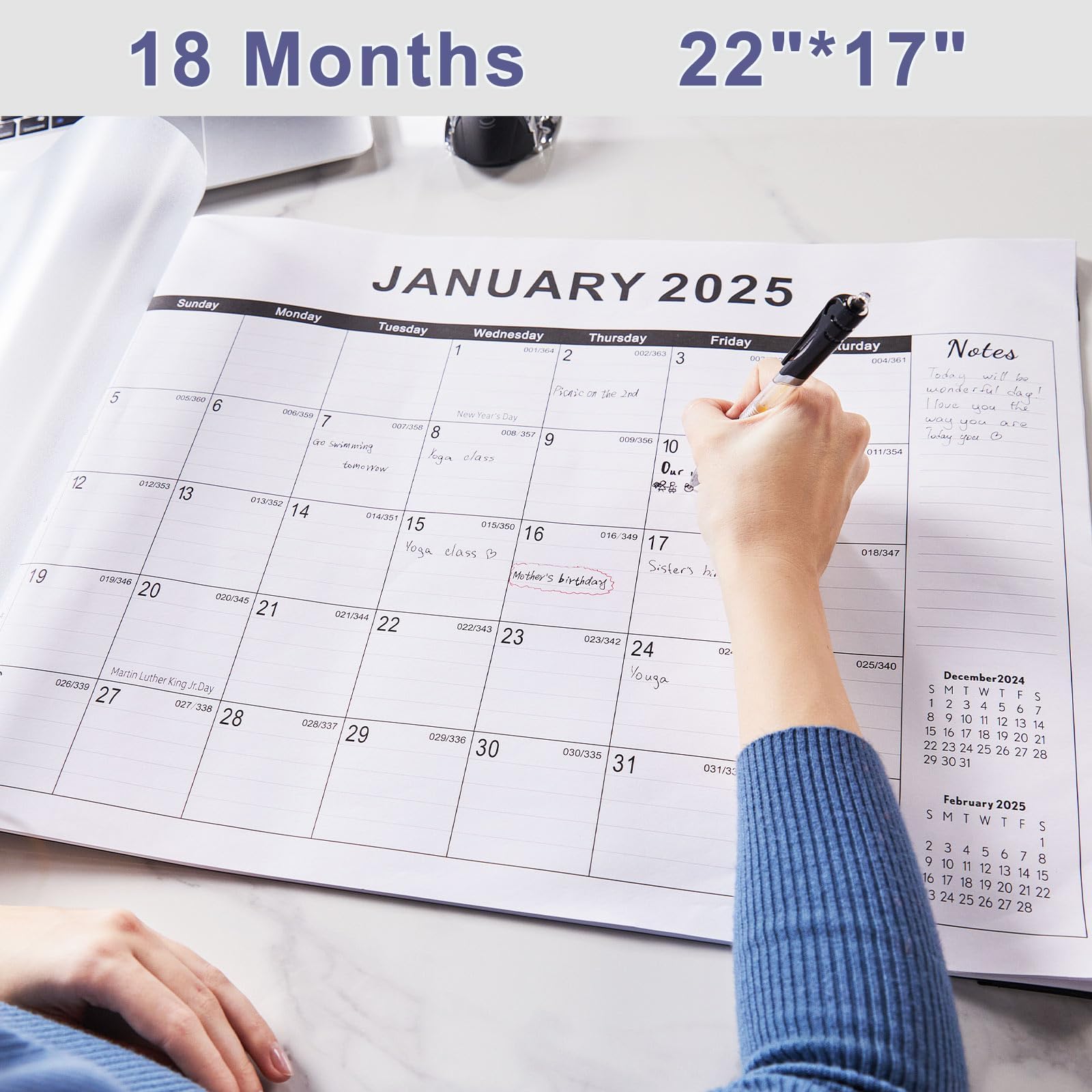 2025 Large Desk Calendar 22x17 Inches - 18-Month Planner with Plastic Cover & Notes Section - Perfect for Office, Home, or School Organization
