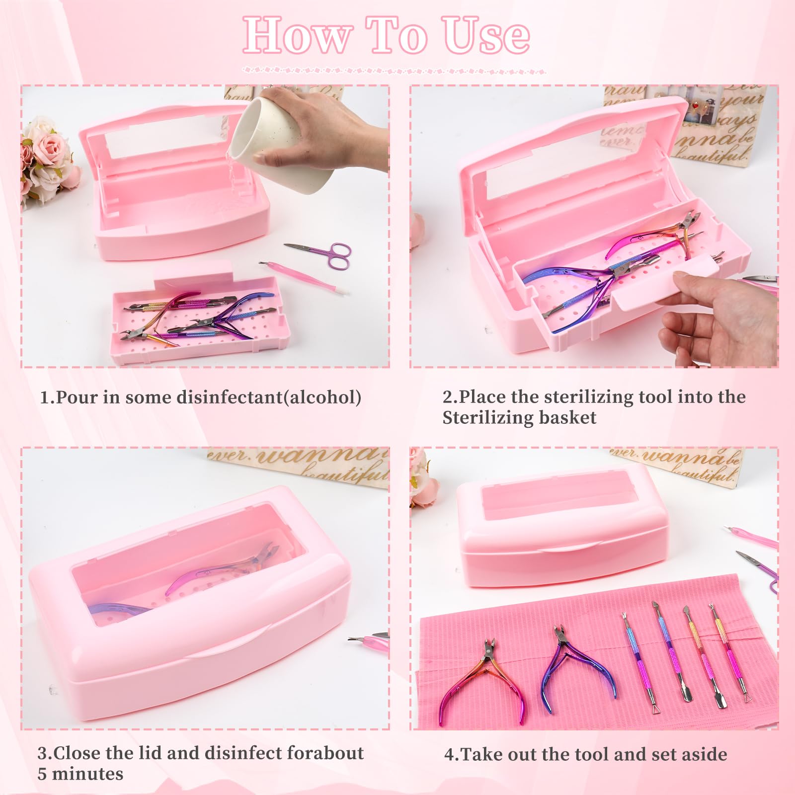 UV Nail Tool Sterilizer Box - Professional Plastic Sterilization Tray for Salon & Spa Equipment - Sanitizing Storage Organizer for Nail Clippers, Tweezers, Eyelash Extensions & Manicure Tools (Pink) - Perfect for Nail Salons, Beauty Spas & Home Manicure Kits