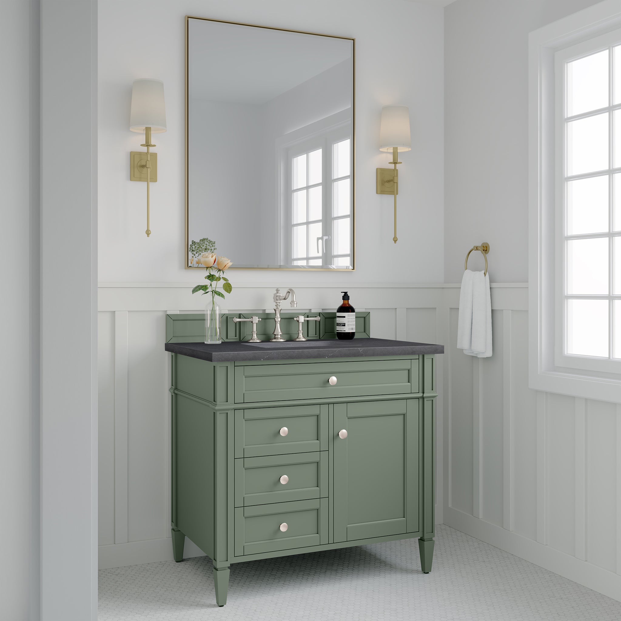 Brittany 36-Inch Single Bathroom Vanity in Smokey Celadon with 3CM Charcoal Soapstone Top - Perfect for Modern Master Bathrooms & Powder Rooms