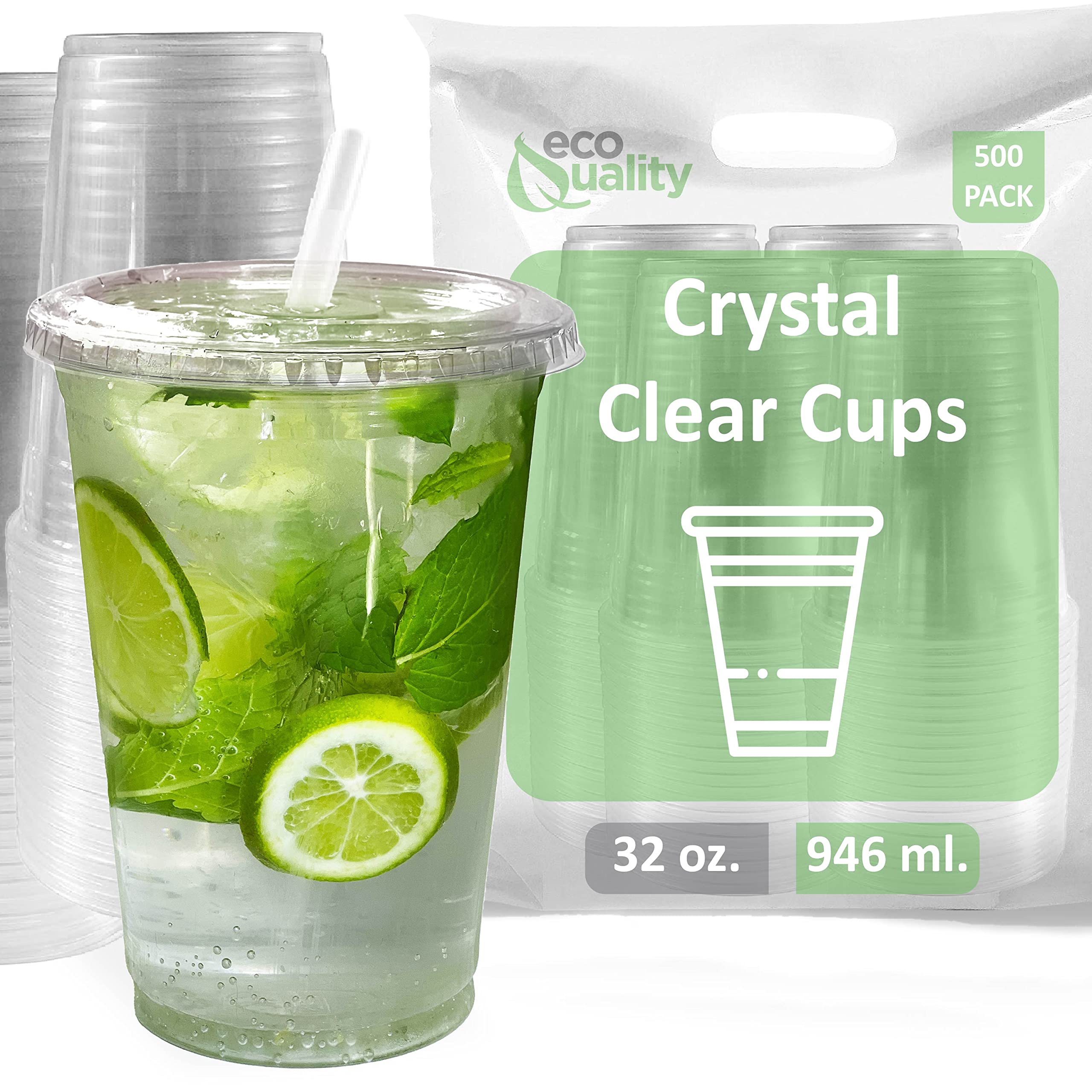 32 oz Clear Plastic Disposable Cups with Lids & Straws - 500 Count Bulk PET Cups for Cold Drinks, Smoothies, Iced Coffee, Boba Tea, Protein Shakes - Perfect for Parties, Cafes, Restaurants and Home Use