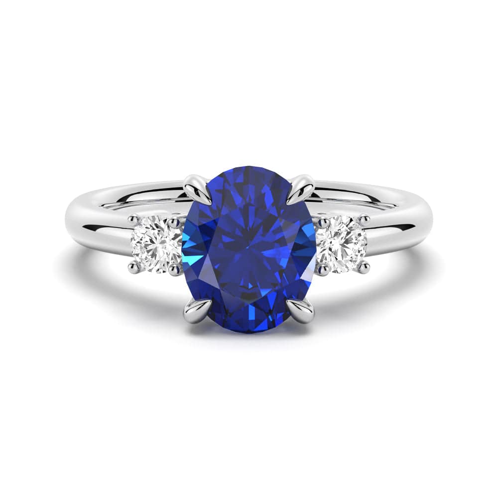 2 CT Oval Blue Sapphire & White Sapphire Three Stone Ring - Elegant Engagement, Wedding, Anniversary Jewelry Gift for Women