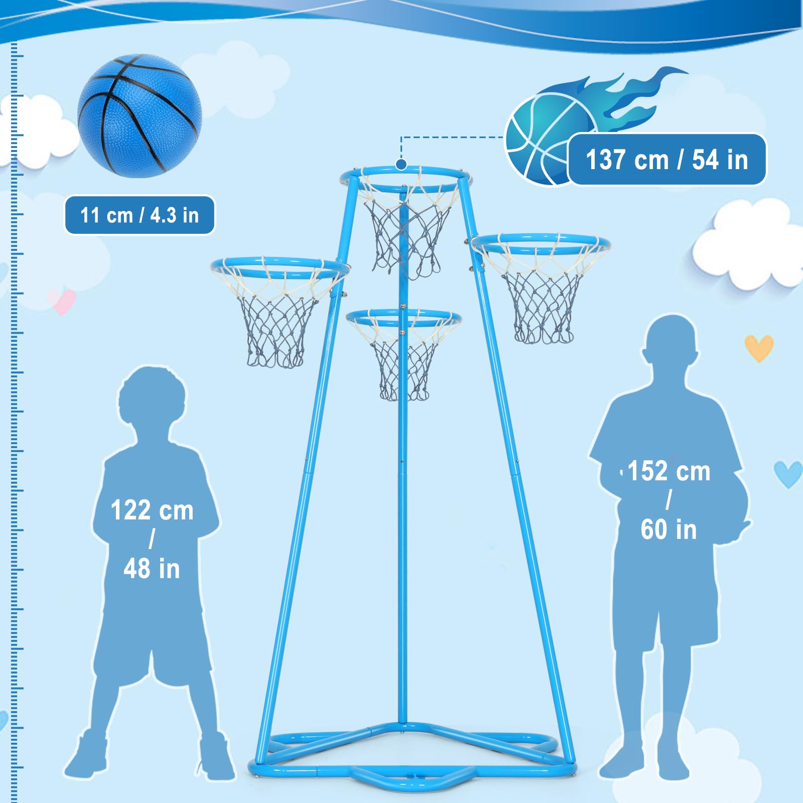 Portable Kids Basketball Hoop Stand - Adjustable Height Indoor/Outdoor Basketball Set with 4 Hoops & 3 Balls - Perfect Toy for Ages 3+ (Pale Blue) | Great for Backyard Play, Birthday Gifts & Preschool Sports Activities