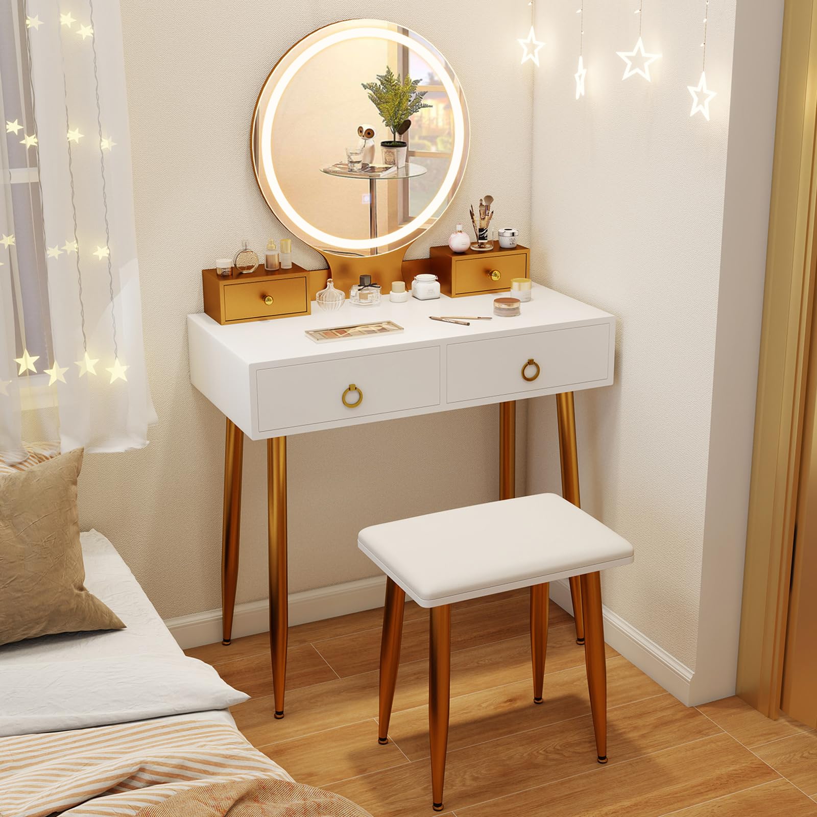 Charmaid Vanity Desk with Mirror & LED Lights - Modern Makeup Dressing Table with 4 Storage Drawers, 3 Lighting Modes & Adjustable Brightness, White & Gold Vanity Set with Stool - Perfect for Bedroom, Boudoir & Beauty Room Organization