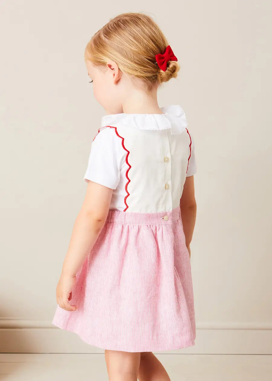 Lawrence Striped Boat Embroidered Scallop Detail Pinafore Skirt for Girls - Red (18 Months to 4 Years) | Perfect for Summer Outfits, Photoshoots & Special Occasions