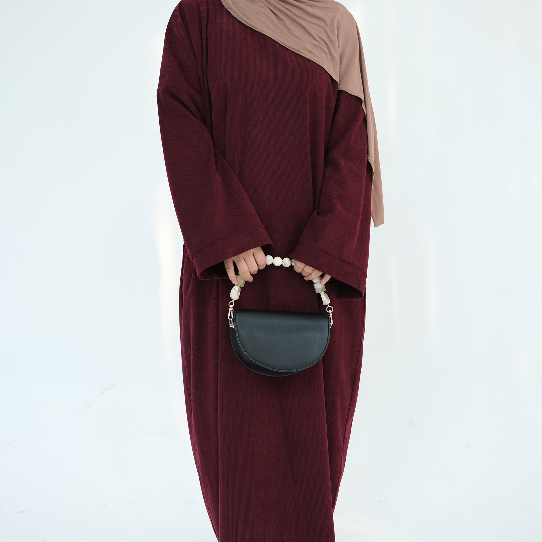 Stylish Annan Corduroy Abaya Dress in Wine Red - Modest Islamic Fashion for Women, Perfect for Prayer, Eid, and Special Occasions