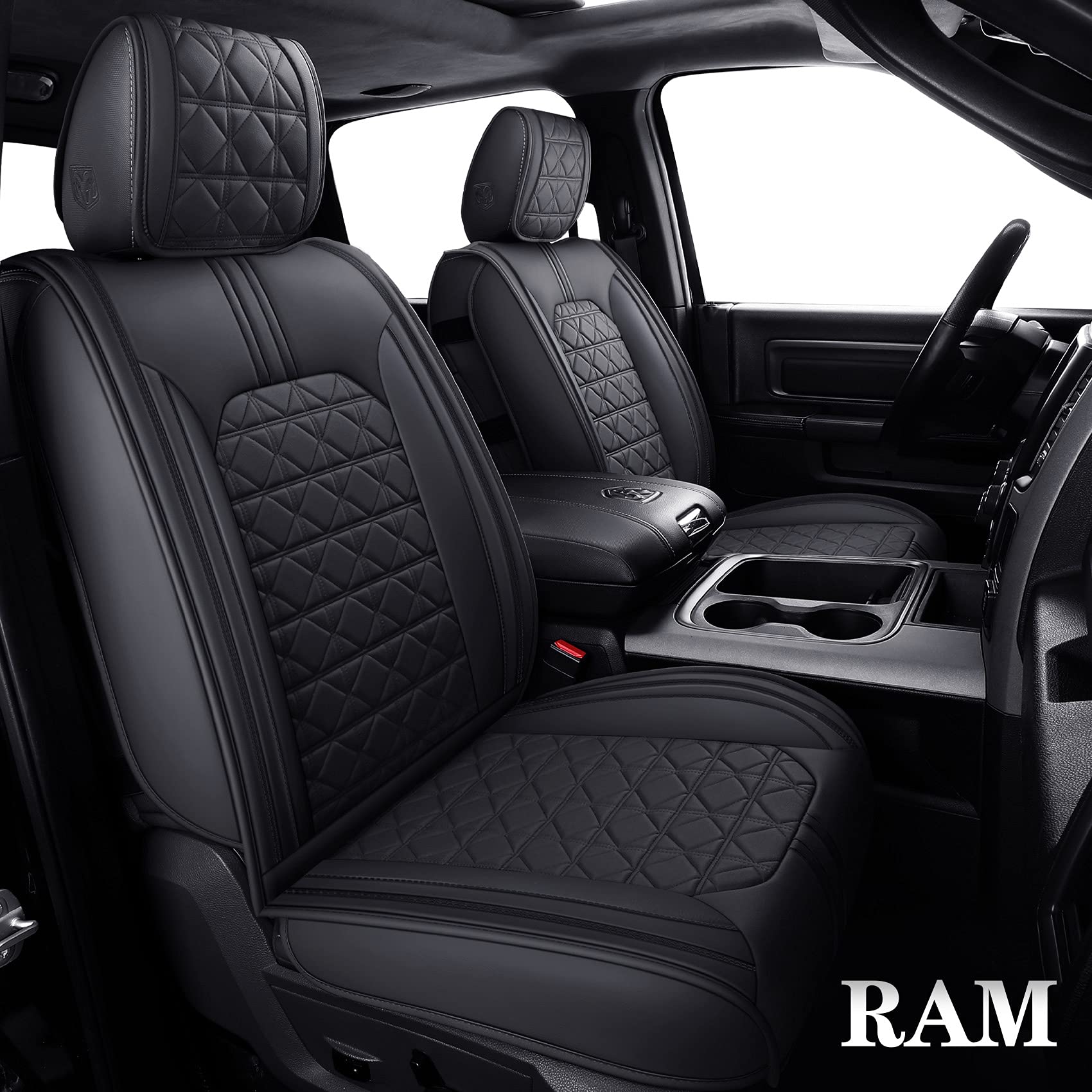 YIERTAI Dodge RAM Seat Covers for 2009-2025 1500HD 2010-2025 2500/3500HD Truck - Full Set Crew/Double/Quad Cab Waterproof Faux Leather Seat Protectors (5-Piece Set, Black) - Perfect for Road Trips, Off-Roading & Daily Commute Protection