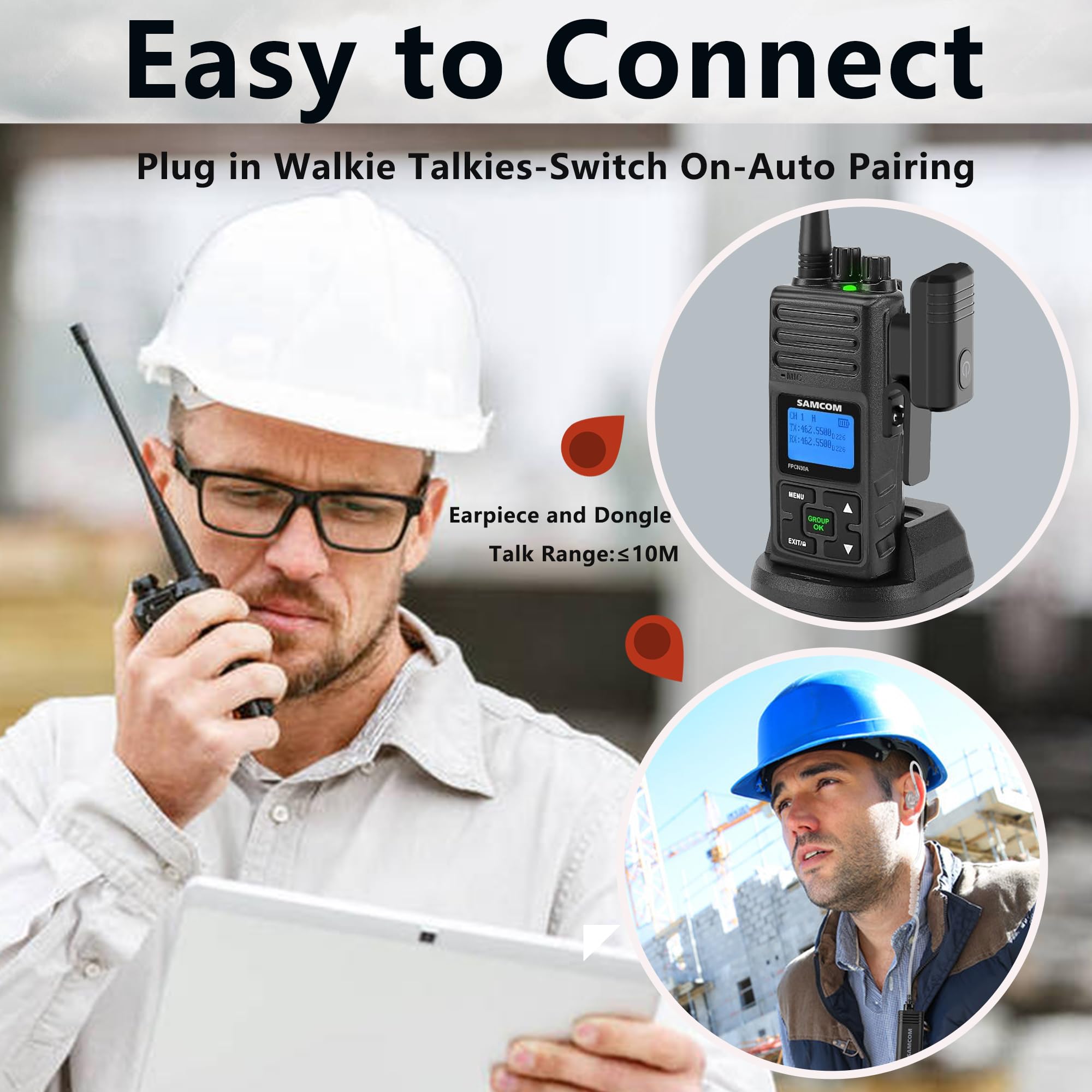 Wireless Bluetooth Headset with Clear Acoustic Tube Earpiece - 10 Hour Battery Life, PTT Microphone & 2-Pin Dongle for Two-Way Radios | Perfect for Security, Surveillance & Professional Communication