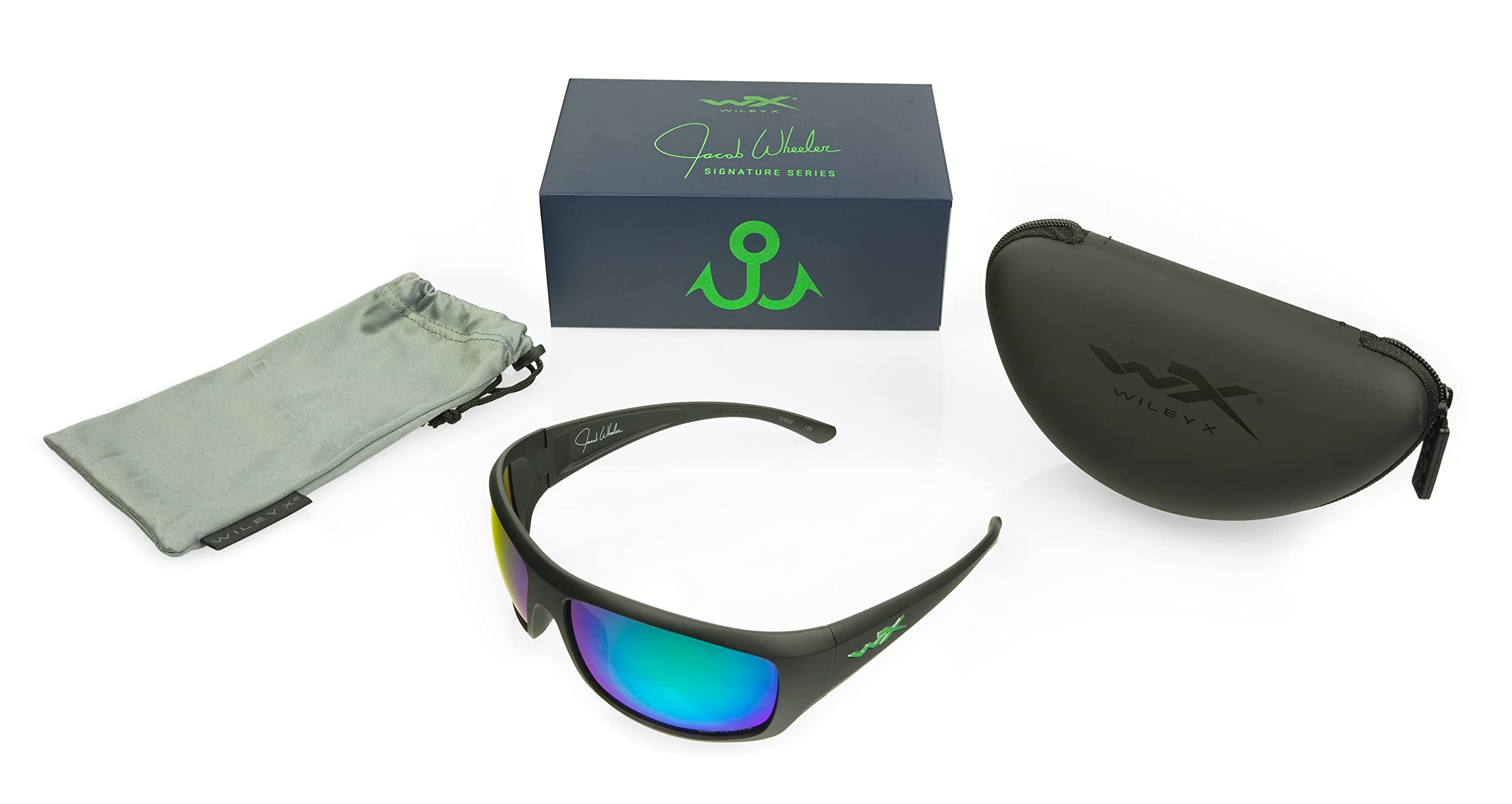 Wiley X WX Omega Jacob Wheeler Signature Series Polarized Sunglasses - ANSI Z87.1 Safety Rated, UV Protection for Men & Women - Matte Black Frames with Green Mirror Lenses - Perfect for Fishing, Boating & Outdoor Sports