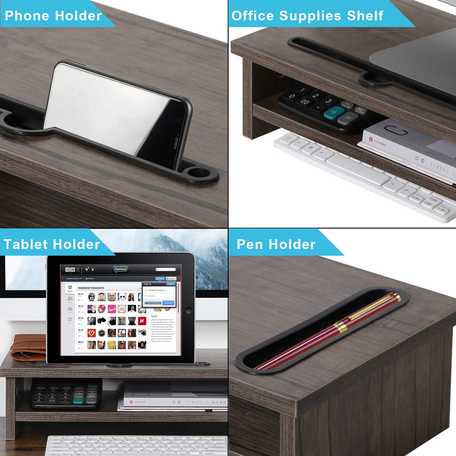 VECELO 2-Tier Wooden Monitor Stand Riser with Drawer & Cable Management - Desk Organizer for Computer, TV, Laptop, Printer & Phone Holder - Perfect for Home Office, Gaming Setup & Workspace Organization
