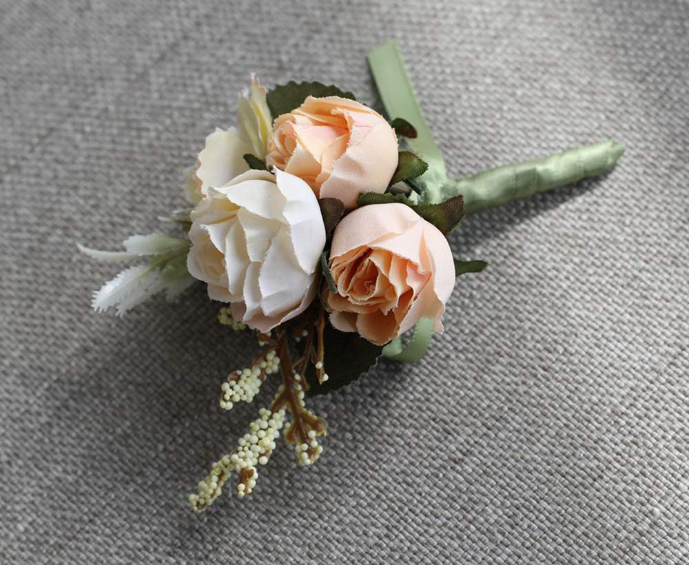 Artificial Rose Boutonniere & Corsage Set - Champagne Wedding Groom Boutonniere, Prom Party Suit Pin, Bridal Bouquet Brooch - Elegant Floral Accessory for Weddings, Proms, and Formal Events (Pack of 1)