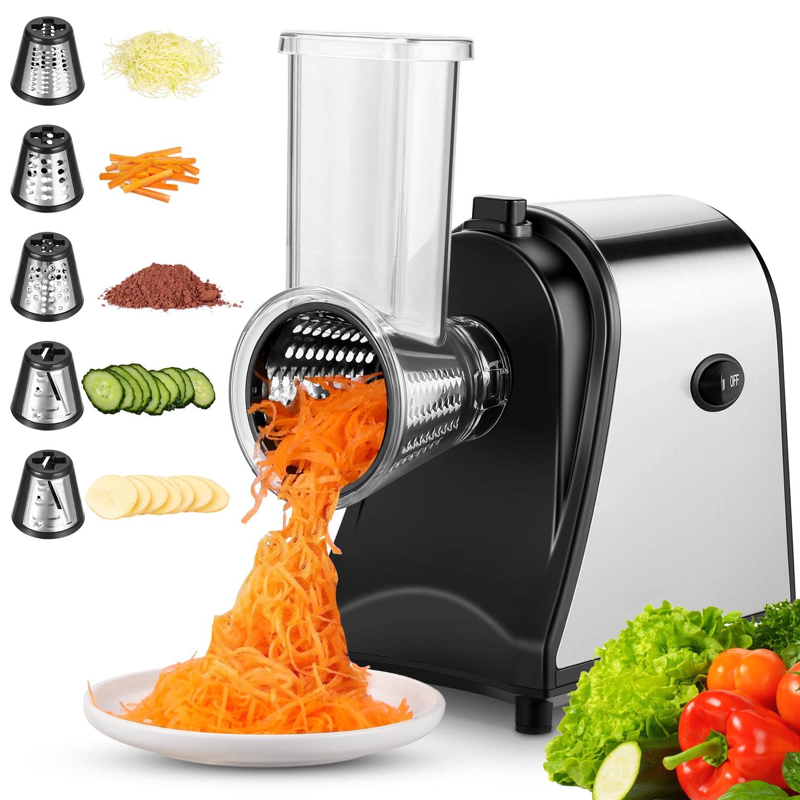 250W Electric Cheese Grater & Slicer - 5-in-1 Professional Kitchen Appliance for Block Cheese, Vegetables, Carrots & Zucchini - Perfect for Salads, Pasta, Pizza & Meal Prep