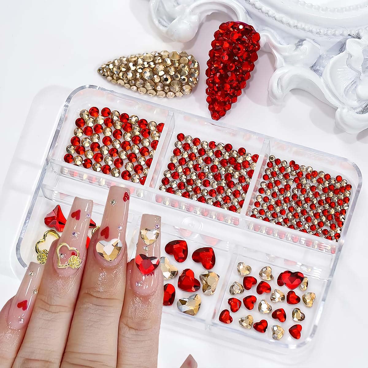 3D Red Heart Nail Charms - Valentine's Day Nail Art Decorations with Shiny Rhinestones | Flatback Gems for DIY Nail Design, Manicure Accessories & Craft Jewelry | Perfect for Valentine's Gifts, Bridal Nails, Party Manicures and Special Occasions