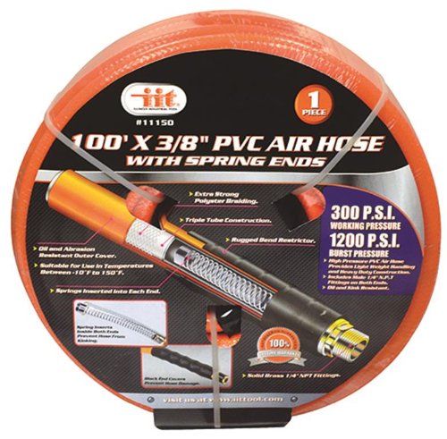11150 100-Feet X 3/8-Inch Heavy Duty PVC Air Hose with Spring Ends - Ideal for Air Compressors, Pneumatic Tools, and Workshop Use