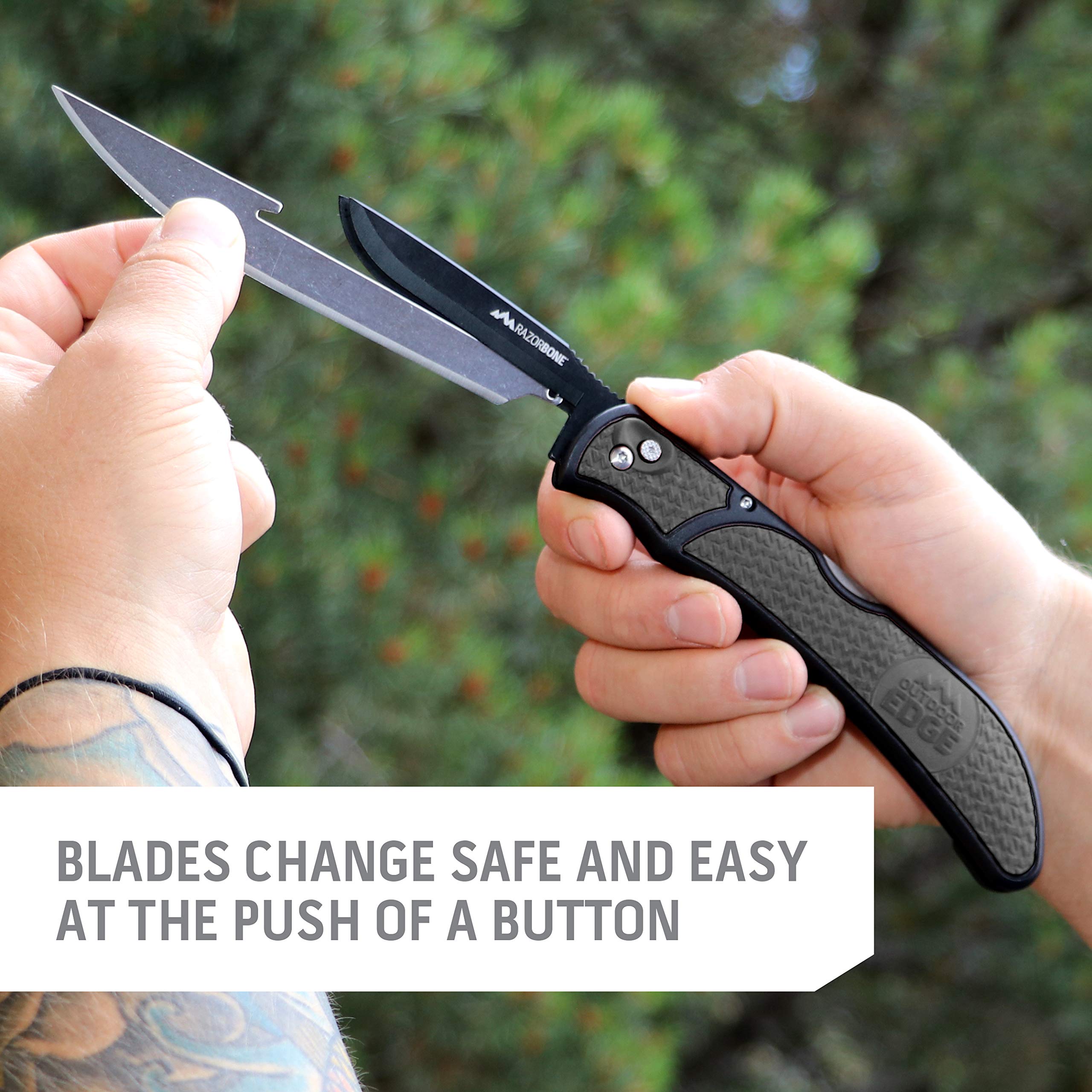 Outdoor Edge RazorBone Replaceable Blade Folding Hunting Knife with Clip & Sheath - 3 Blade Styles (Boning, Gutting, Skinning) - Includes 6 Blades, Blade Box & Camo Sheath - Perfect for Hunting, Camping & Outdoor Survival