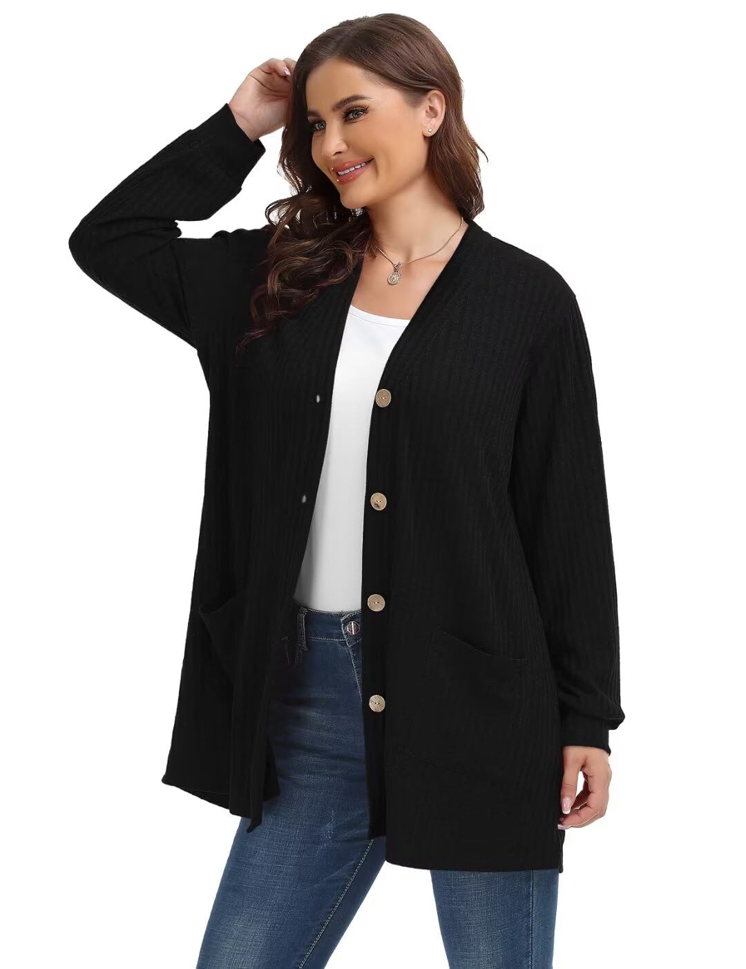 MONNURO Plus Size Cardigan for Women - Lightweight Long Sleeve Button Down Sweater with Pockets | Office Work Tops & Casual Layering Outfits
