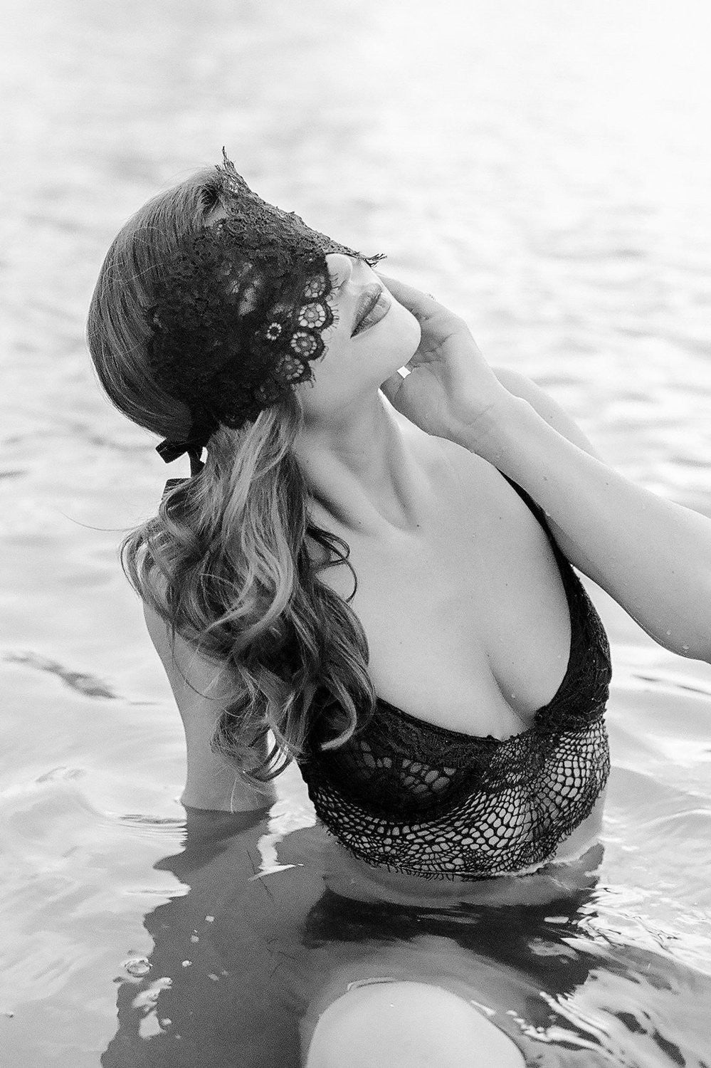 Black Rayna Alencon Lace Blindfold Venetian Sleep Mask - Elegant Eye Cover for Spa, Meditation, Travel & Sensual Play