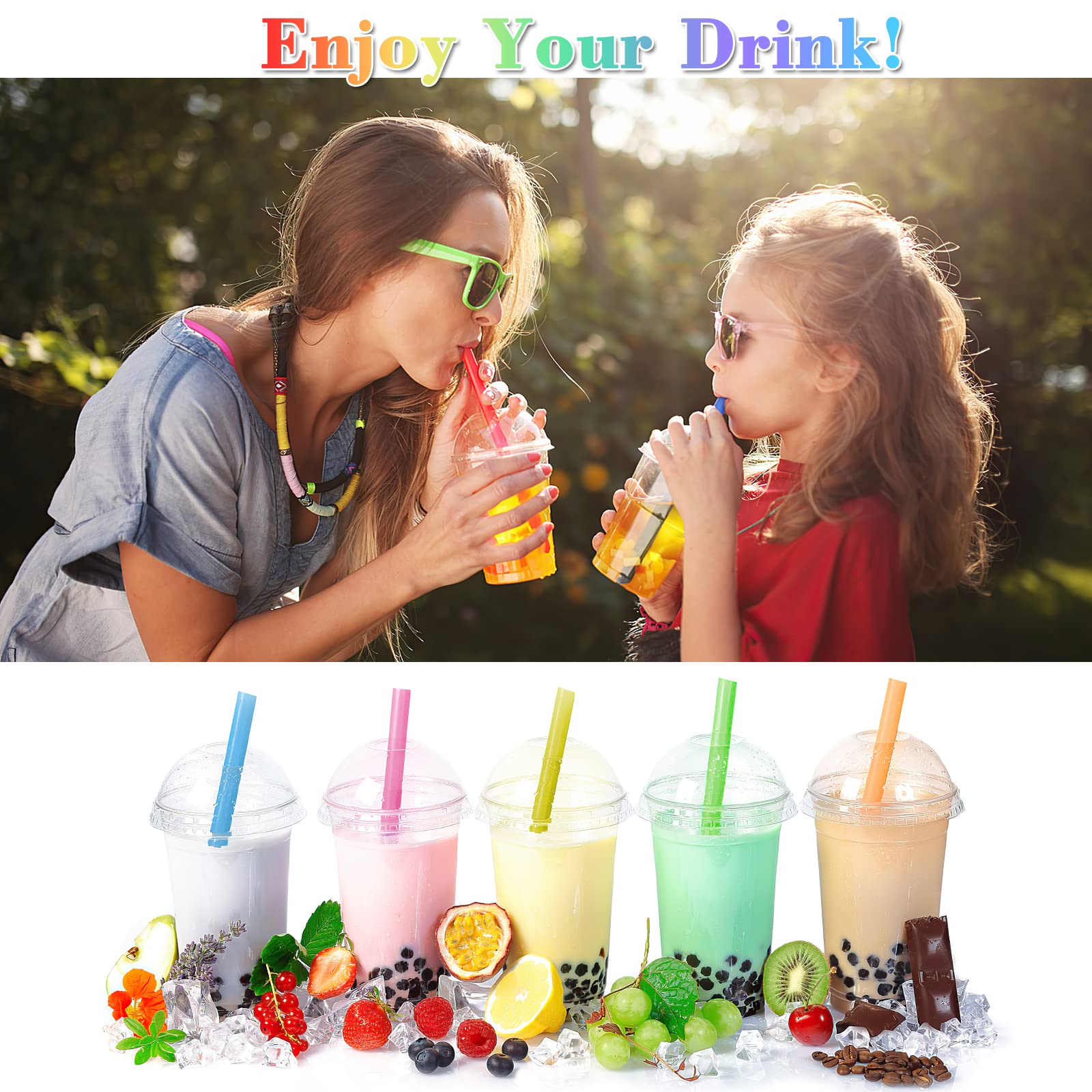 8 Pack Reusable Plastic Straws - 10mm x 26cm Straight Colorful Drinking Straws with 2 Cleaning Brushes for Bubble Tea, Juice, Soda & Smoothies | Perfect for Parties, Picnics & Home Use