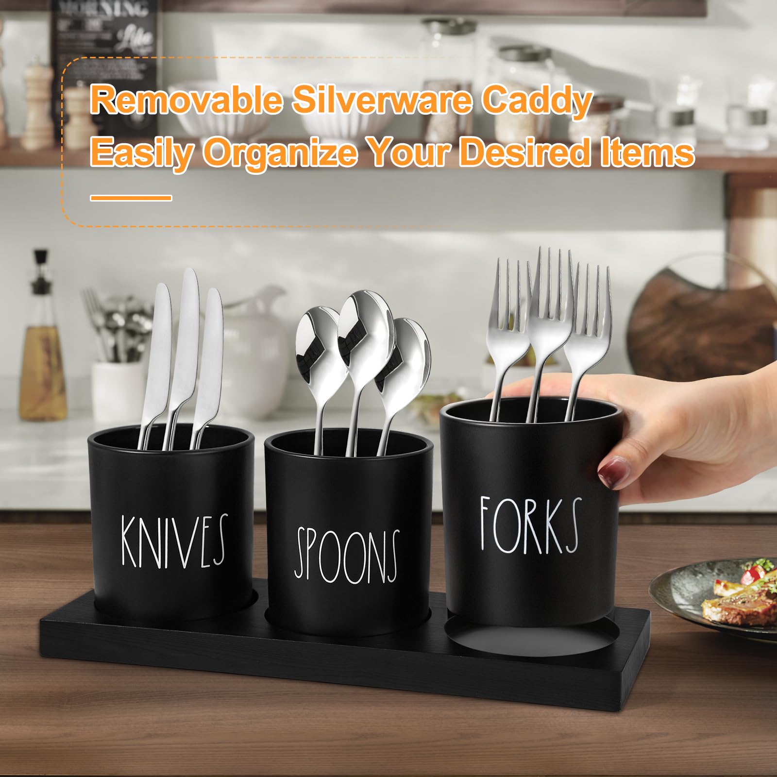4-Piece Black Silverware Caddy with Wood Tray - Farmhouse Kitchen Utensil Holder for Countertop Organization - Perfect for Parties, Dining & Farmhouse Decor