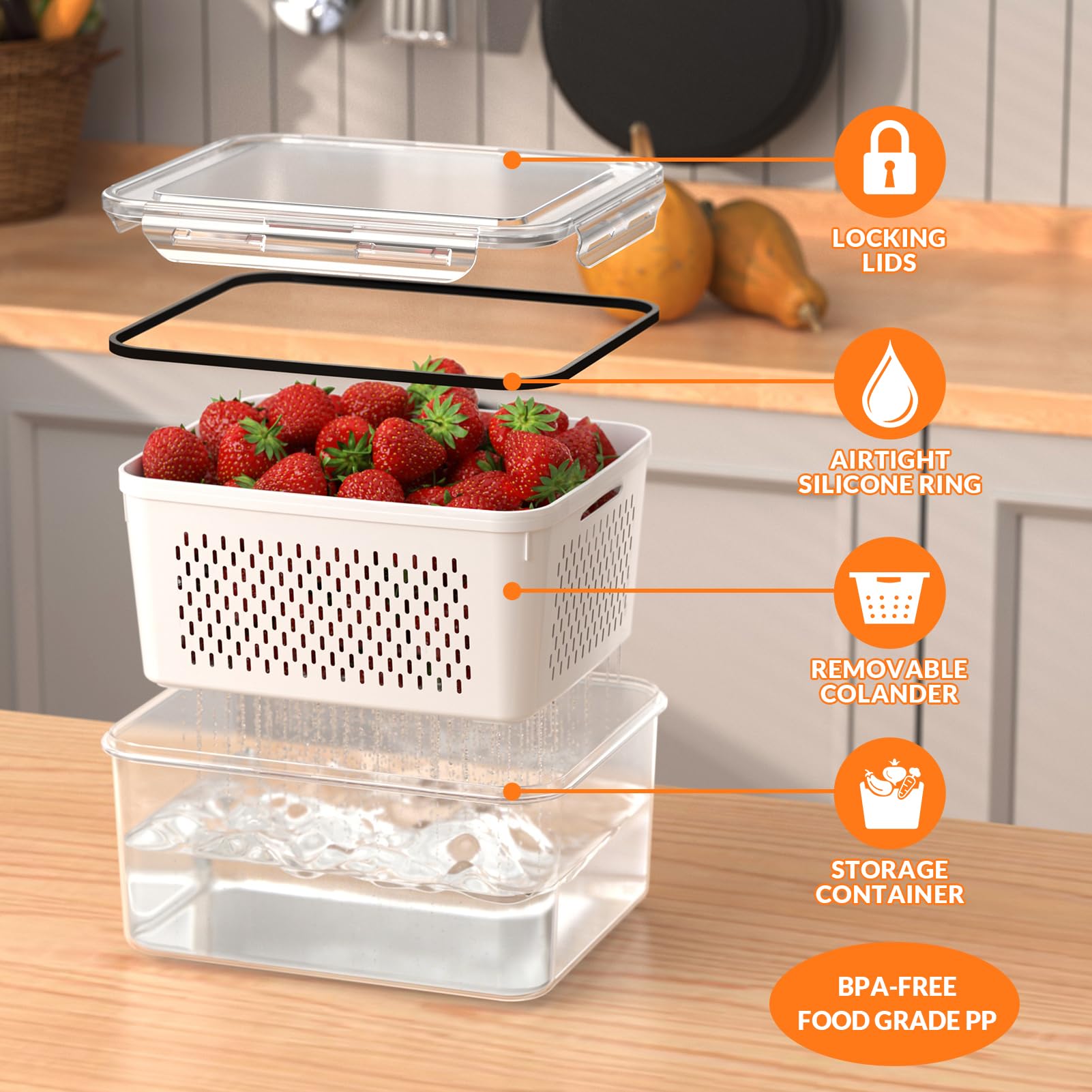 5-Piece Large Airtight Food Storage Containers with Removable Colanders & Lids - Keep Fruits, Vegetables, Meat Fresh Longer - Perfect for Fridge, Pantry, Meal Prep & Organization