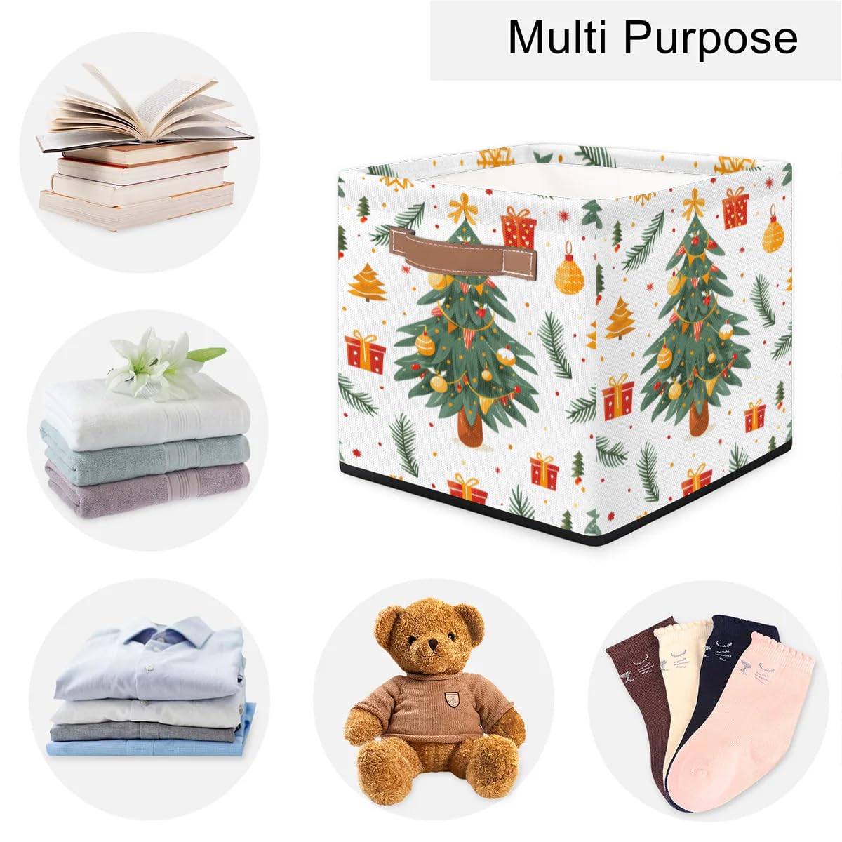 Collapsible Fabric Cube Storage Bins with Handles - Christmas Tree Pattern Organizer Baskets for Shelves, Toys, Towels & Closet Organization | Perfect for Holiday Decor Storage, Kids' Room & Bedroom Organization