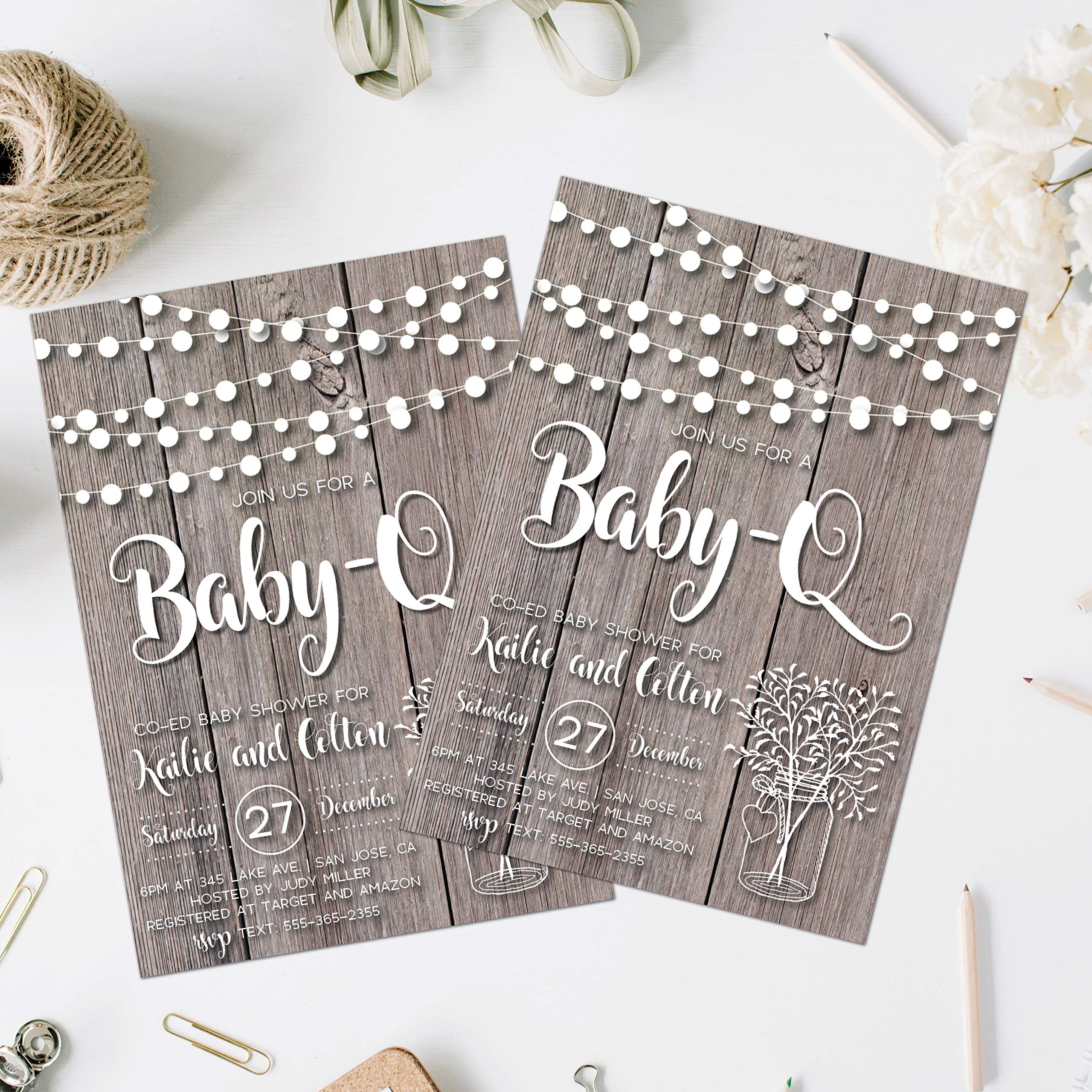 Baby-Q Shower Invitations - Rustic & Couples Baby Shower Theme with String Lights | Perfect for Outdoor Baby BBQ Celebrations & Gender Reveal Parties