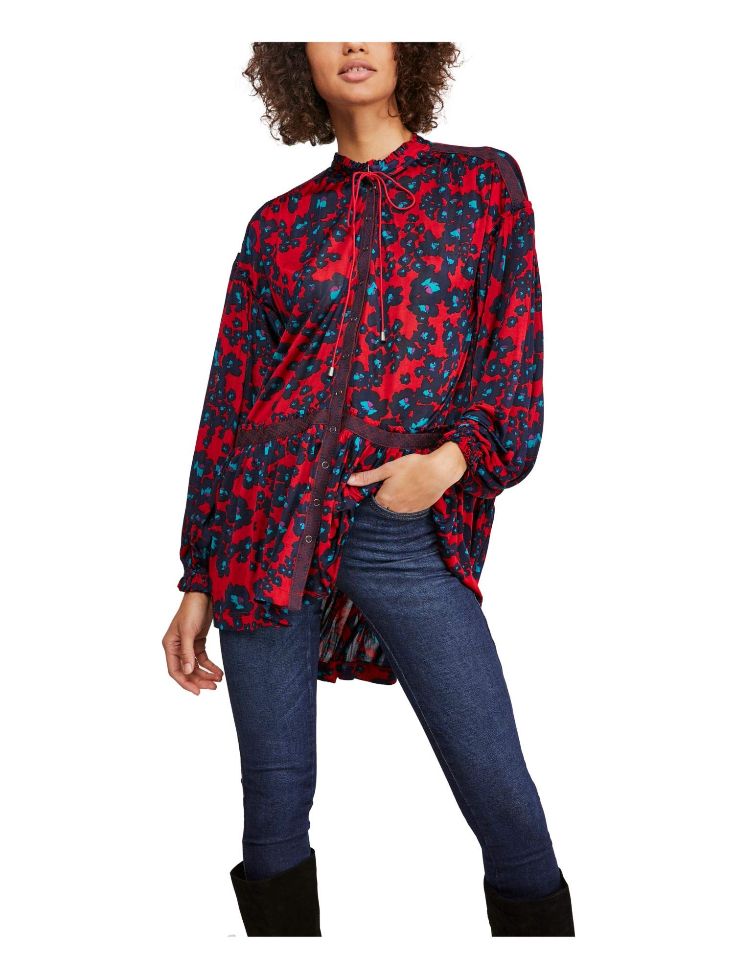 Free Women's Love Letter Animal Print Ruffled Blouse - Red Floral Vintage Boho Chic Top for Casual Wear, Date Night & Office Outfits