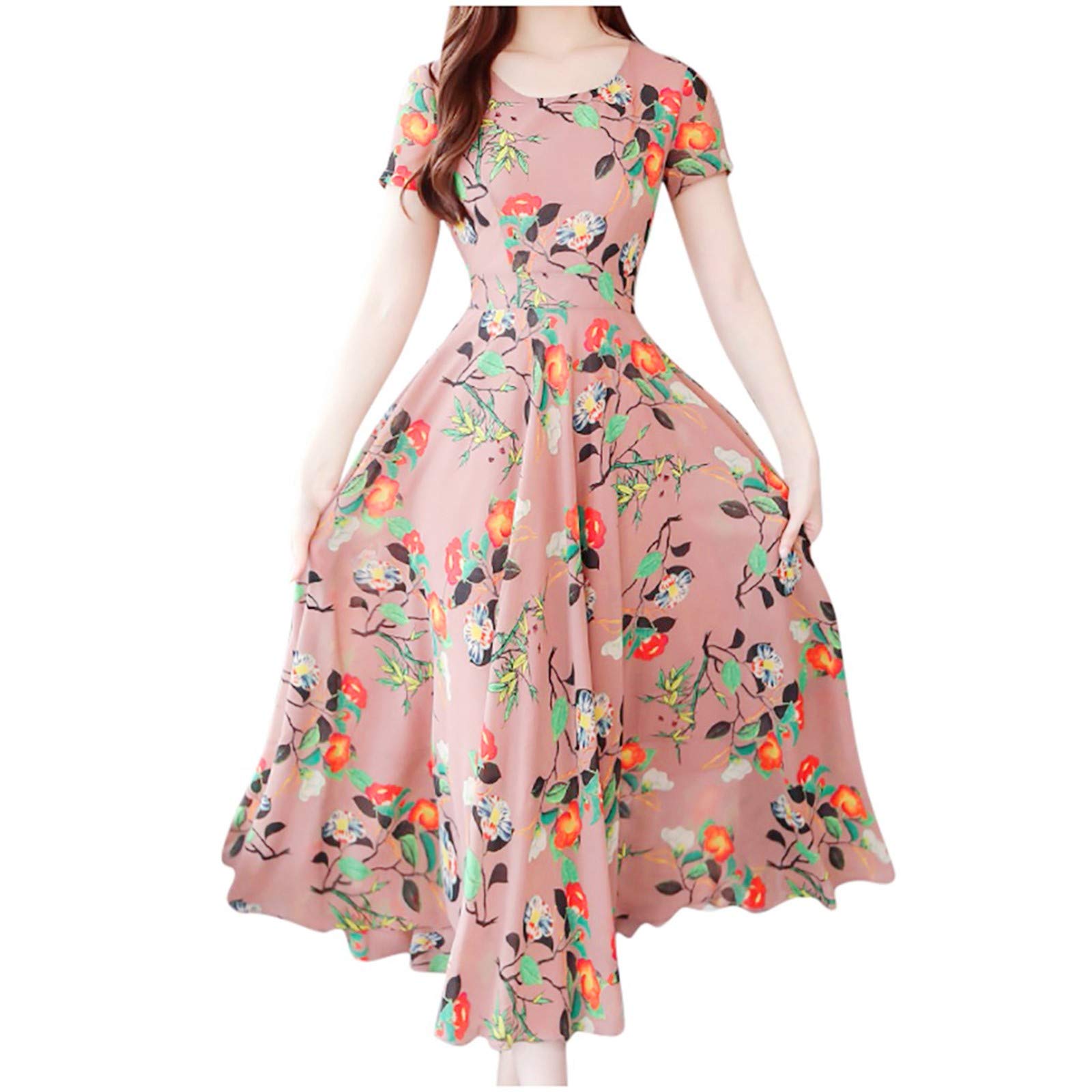 Women's Summer Beach Dress - Floral Print Short Sleeve Midi Dress for Cocktail Party, Vacation & Casual Wear (Pink, Size M) | Perfect for Beach Outings, Summer Travel & Date Nights