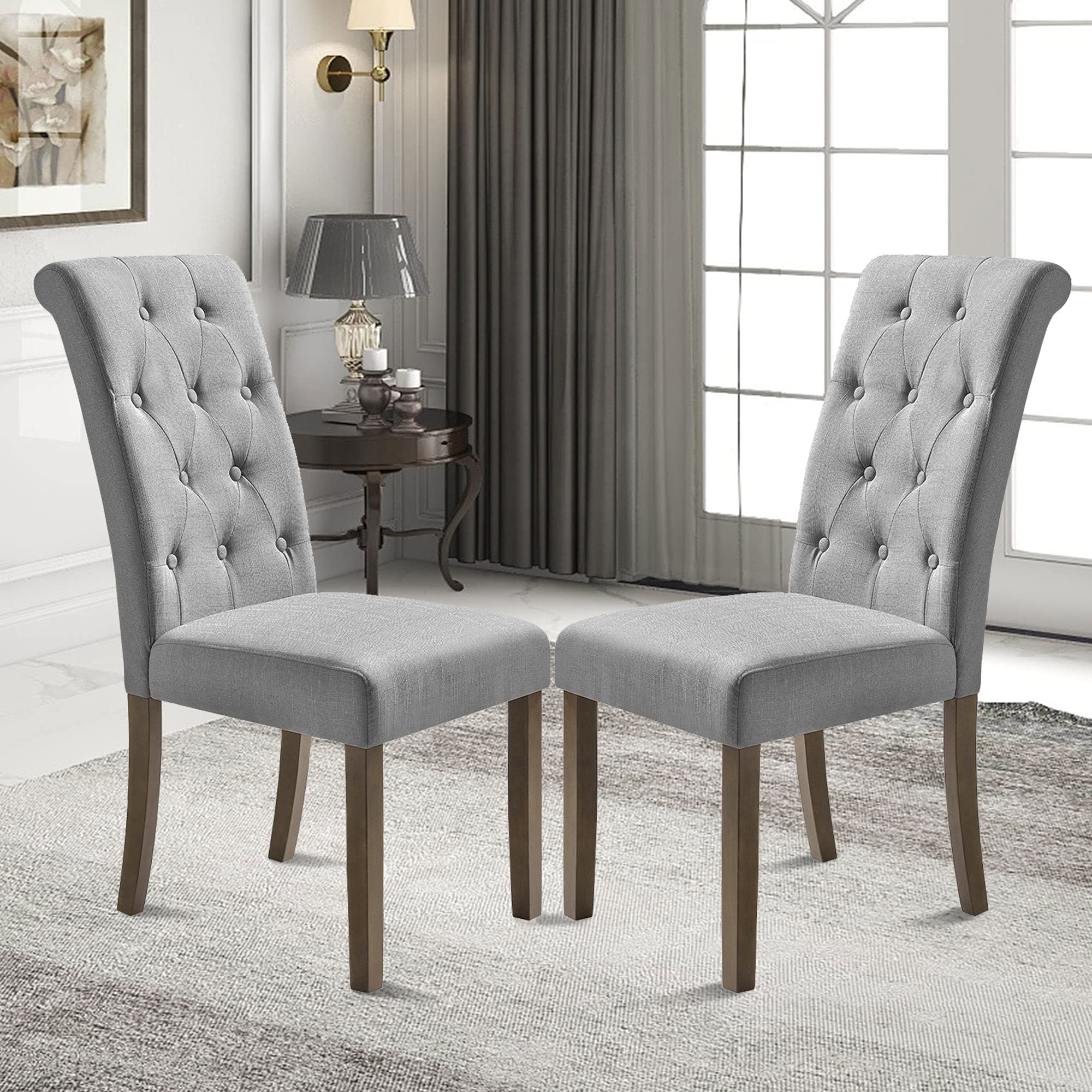 Luxury Solid Wood Tufted Dining Chairs Set of 2 - Elegant Grey Upholstered Side Chairs for Formal Dining Room, Kitchen, or Breakfast Nook - Aristocratic Home Decor Furniture
