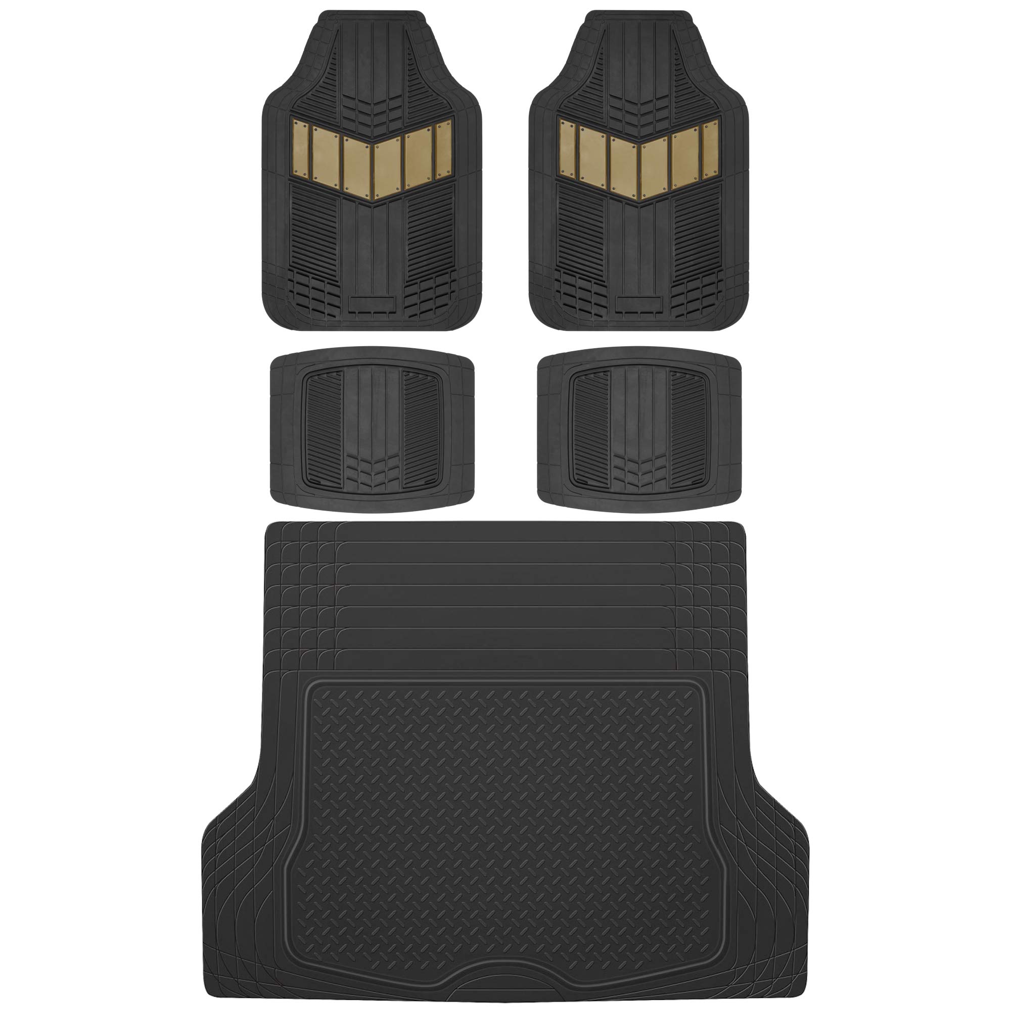 Motor Trend FlexTough Beige All-Weather Floor Mats Full Set - Heavy Duty Rubber Car Mats for SUV, Sedan & Van | Front & Rear Seat Protection + Cargo Liner | Perfect for Daily Commute, Road Trips & Family Adventures
