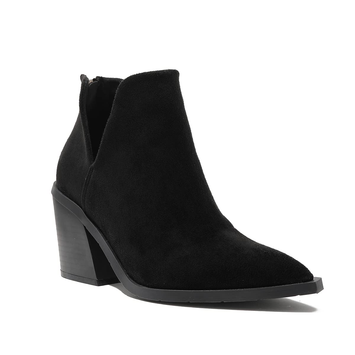 Stylish Women's Pointed Toe Ankle Boots with Chunky Heel & Back Zipper - Suede V-Cut Dressy Booties for Casual Outfits, Office Wear & Night Out