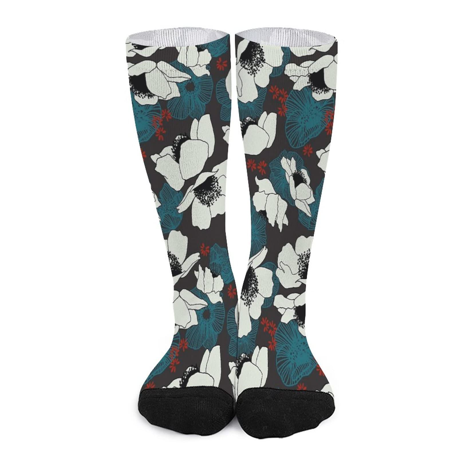 White and Blue Floral Printed Tube Socks - High Stockings for Men & Women - Warm Sports Socks for Running, Yoga & Casual Wear