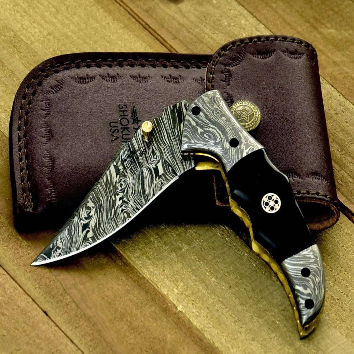 Premium Exodus Gentleman's Knife with Leather Sheath - Genuine Bull Horn Handle & Included Knife Sharpener - Perfect for Outdoor Adventures, Camping & EDC (Everyday Carry)