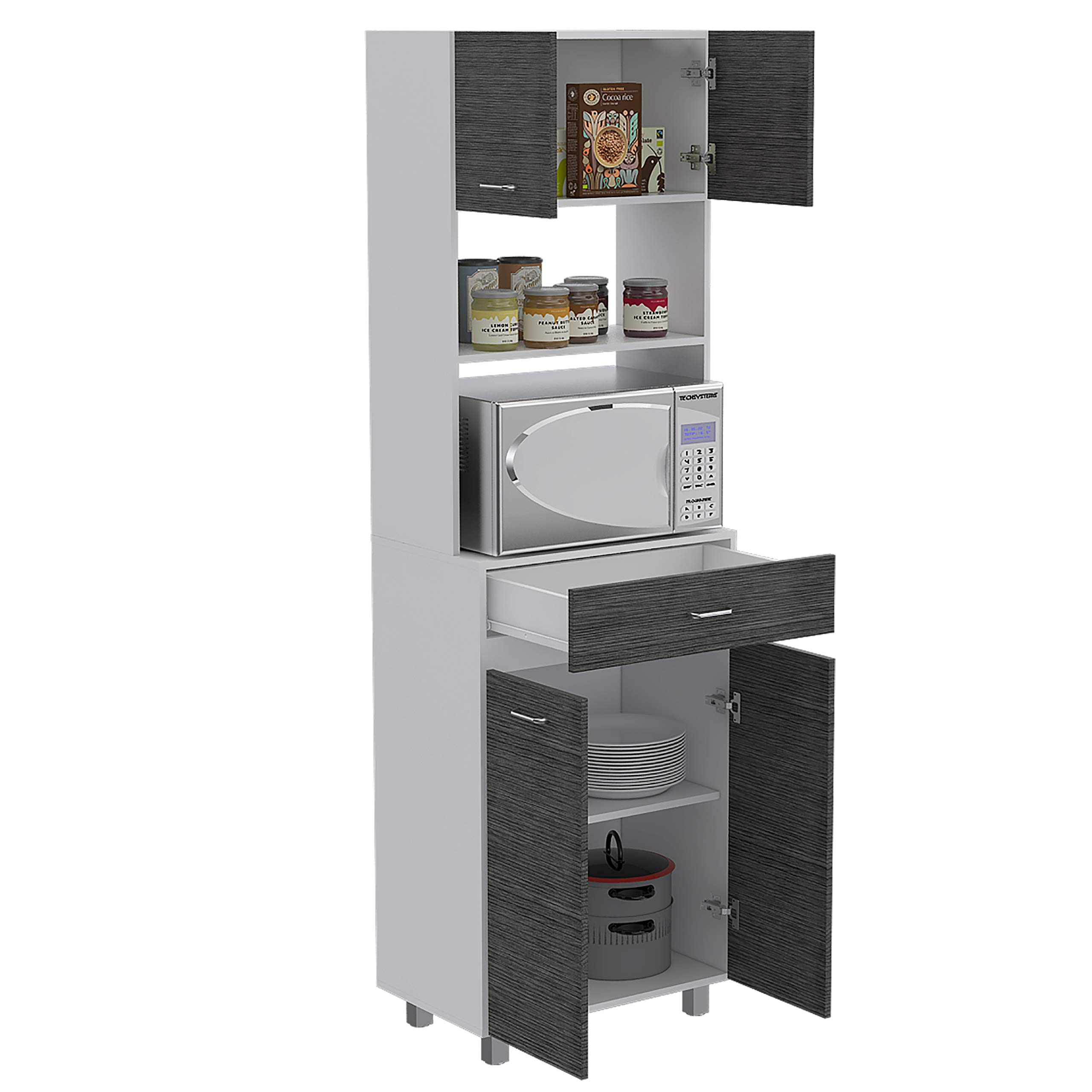 Auburn Microwave Pantry Cabinet with 2 Storage Cabinets, 2 Open Shelves & Drawer - Smokey Oak/White Finish | Perfect for Kitchen Organization & Small Space Storage