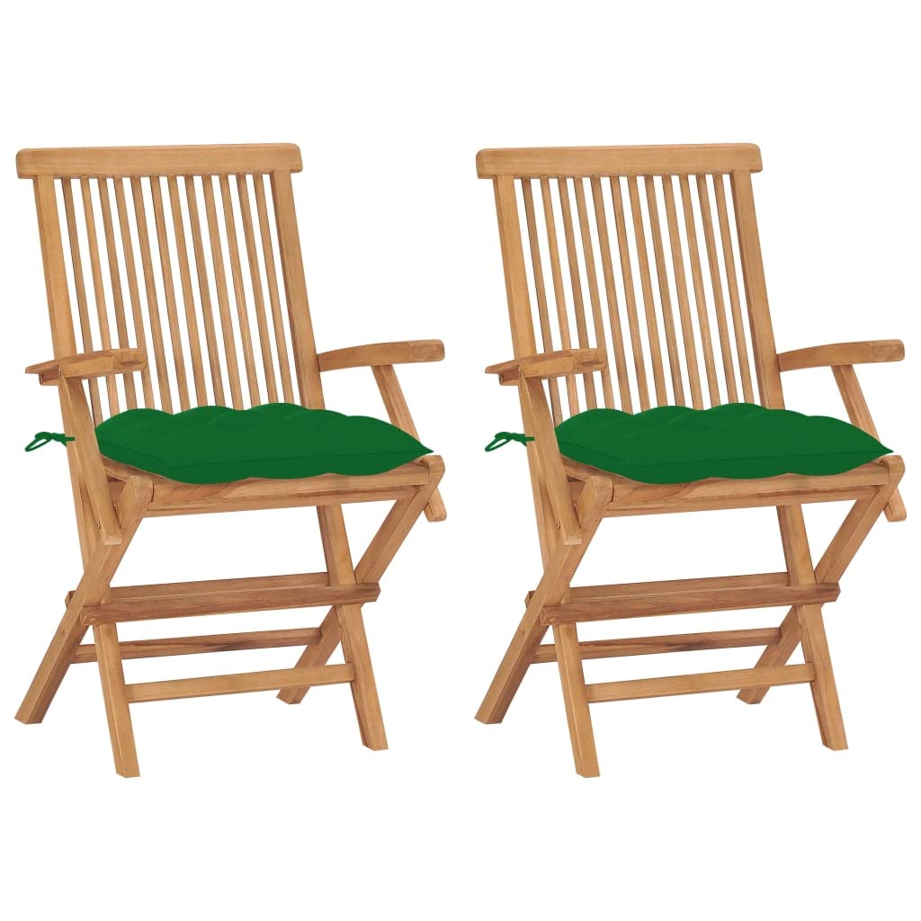 Premium Outdoor Patio Chairs Set of 2 - Solid Teak Wood Bar Stools with Green Cushions for Backyard, Garden, Poolside & Deck Relaxation