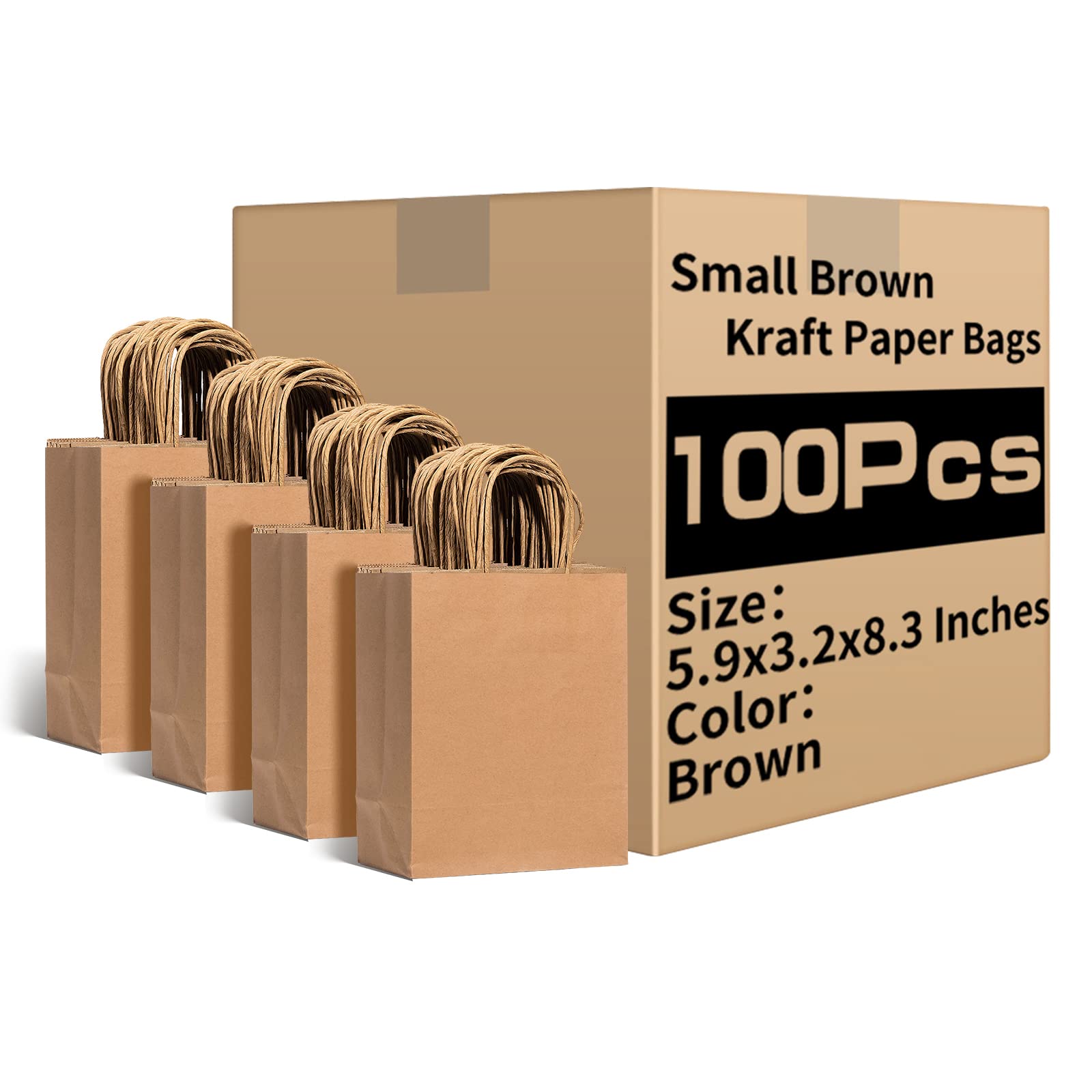 RACETOP 100Pcs Small Brown Kraft Paper Bags with Handles - 5.9